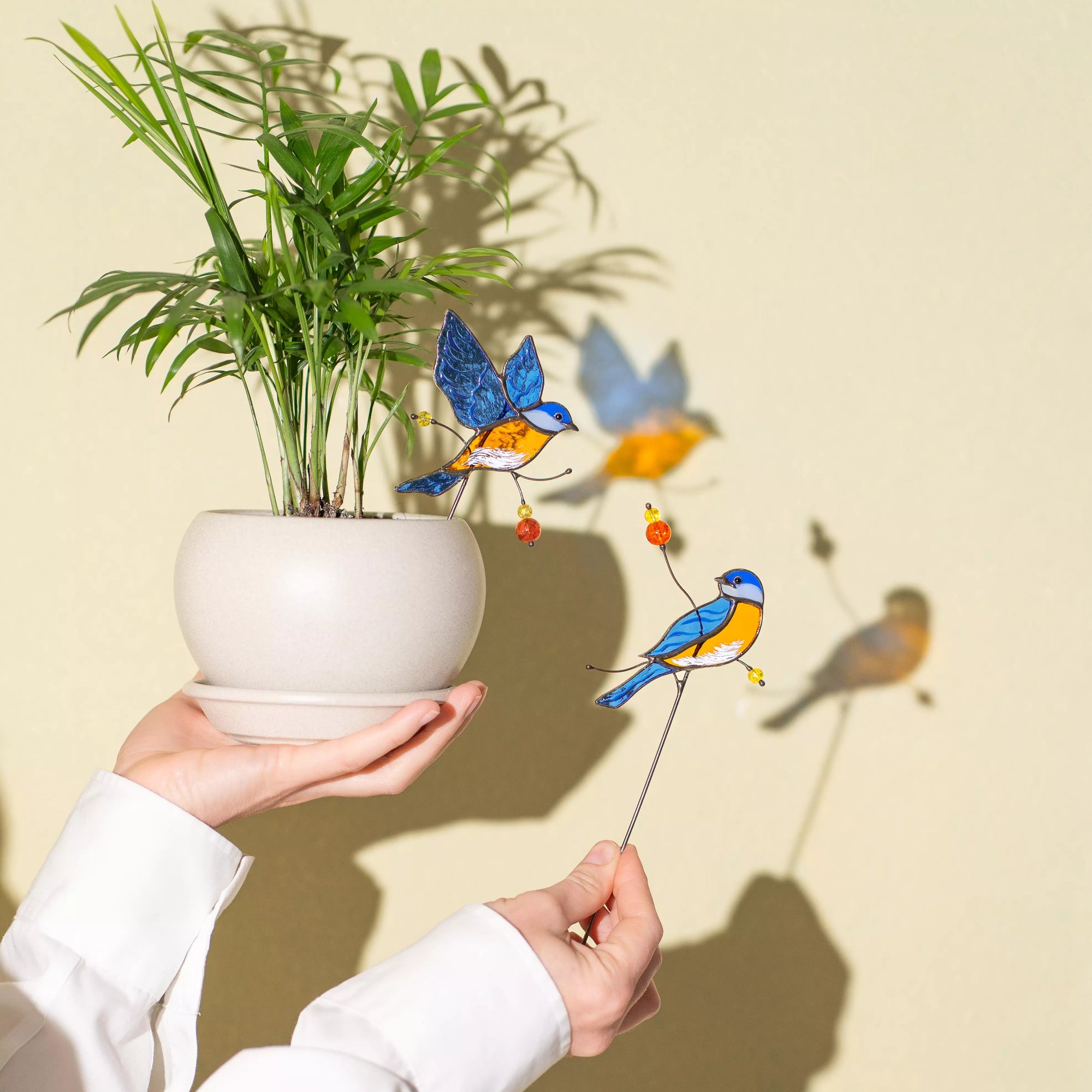 Hands holding a potted plant with stained glass bird figurines on a plain background