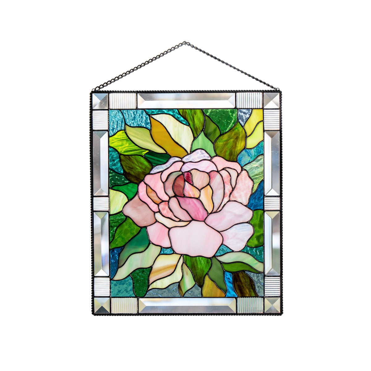 Pink peony stained glass window hanging panel for home decor
