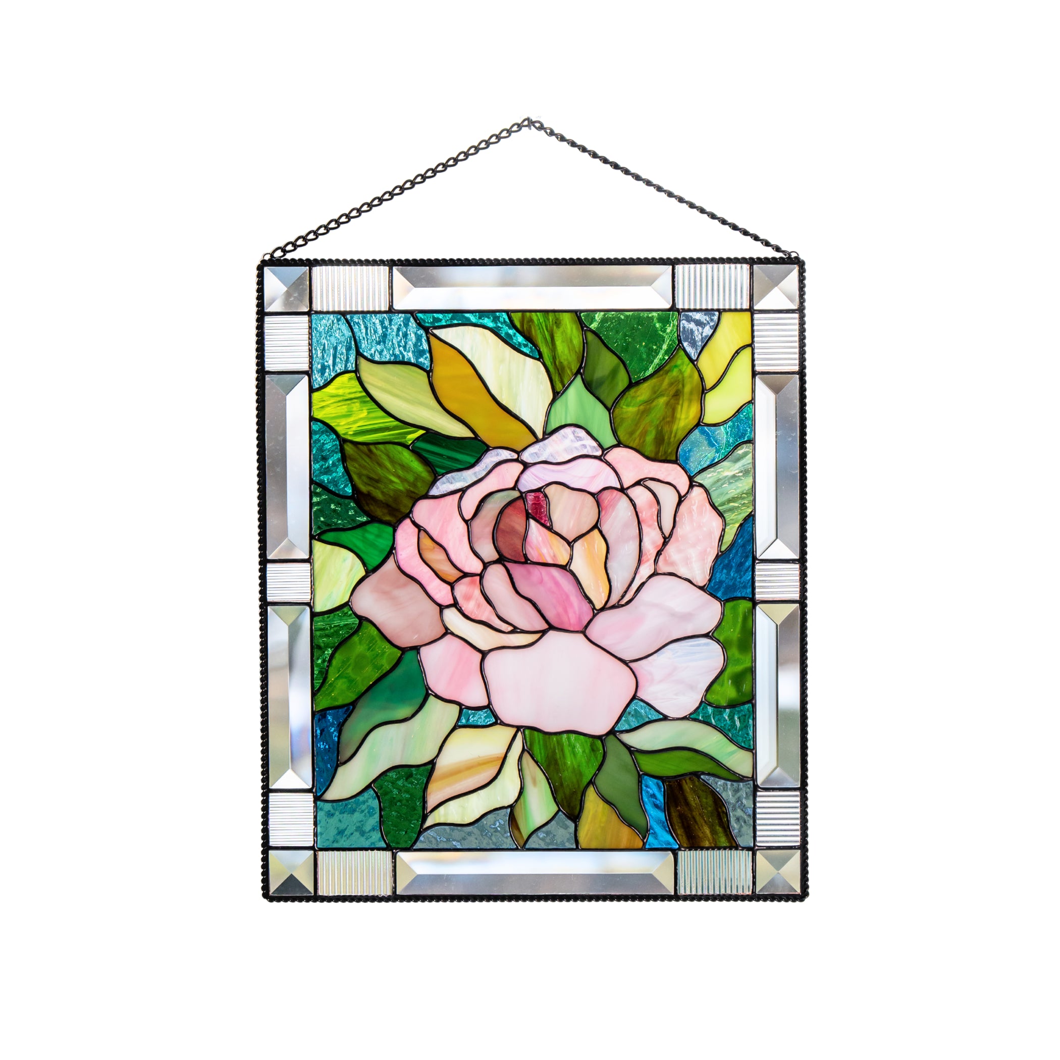 Stained glass panel with a pink peony design on a white background