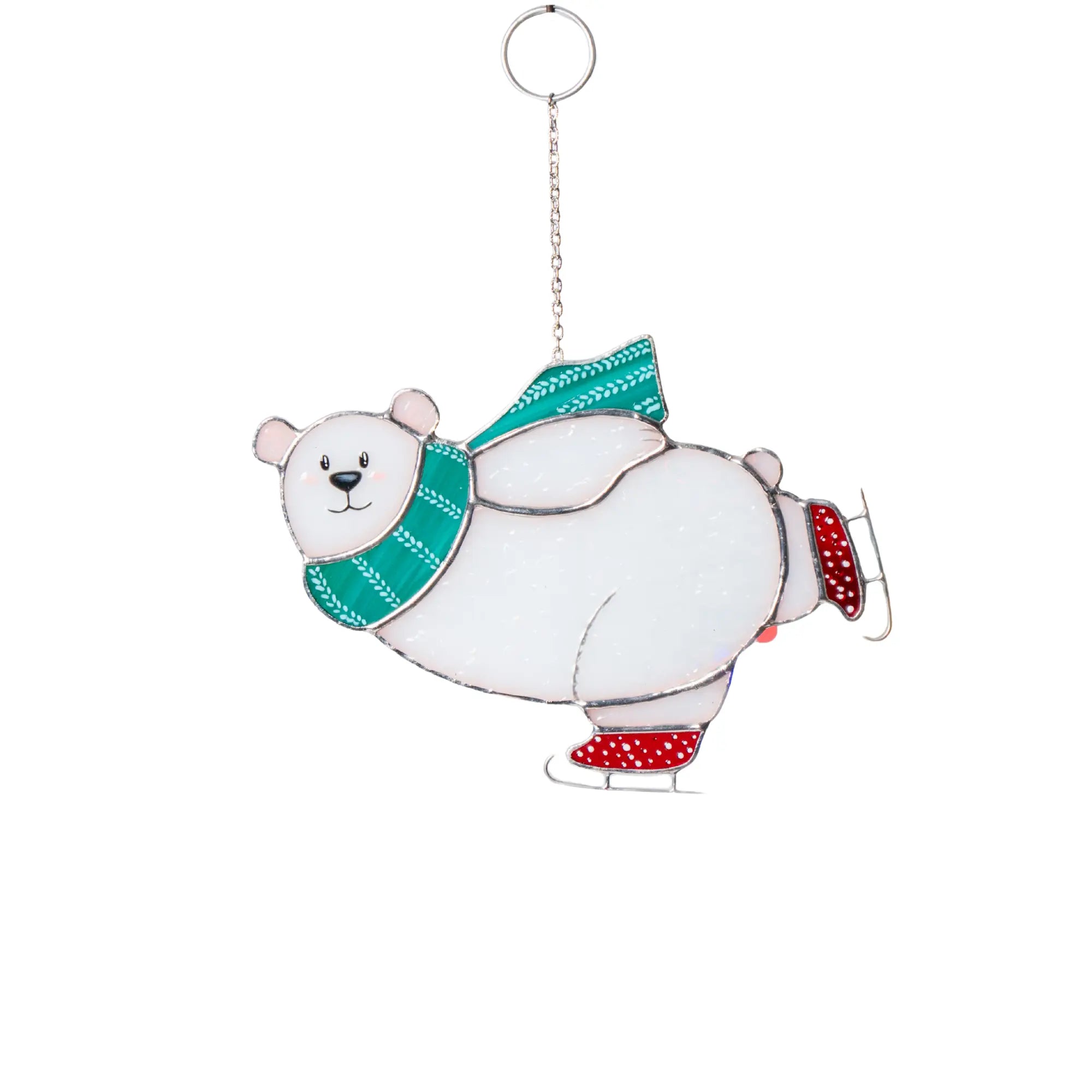 Polar bear with a green scarf and red skates stained glass suncatcher on a white background