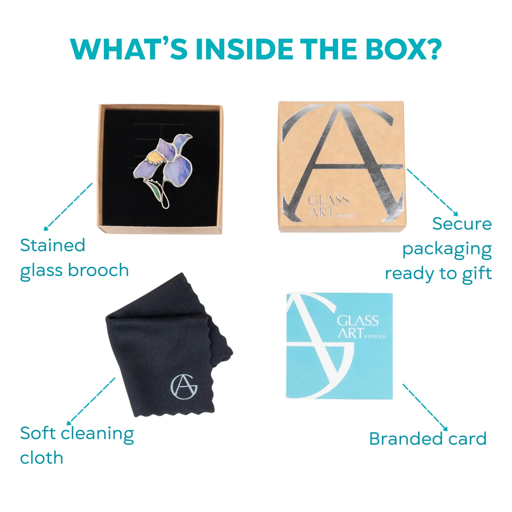 Product packaging with stained glass iris brooch, soft cleaning cloth, and branded card on a white background
