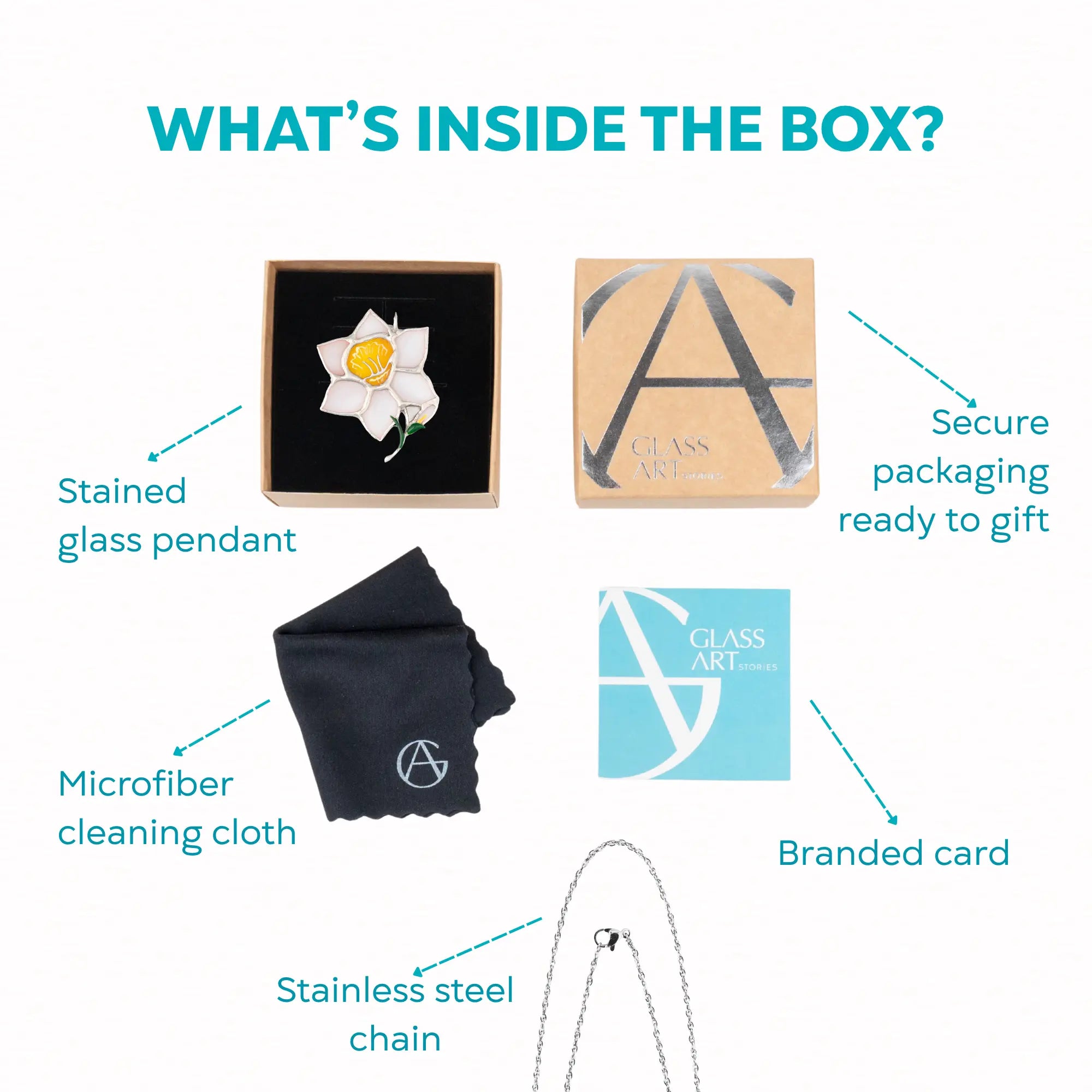 Product packaging with stained glass pendant, microfiber cleaning cloth, stainless steel chain, and branded card on a white background.