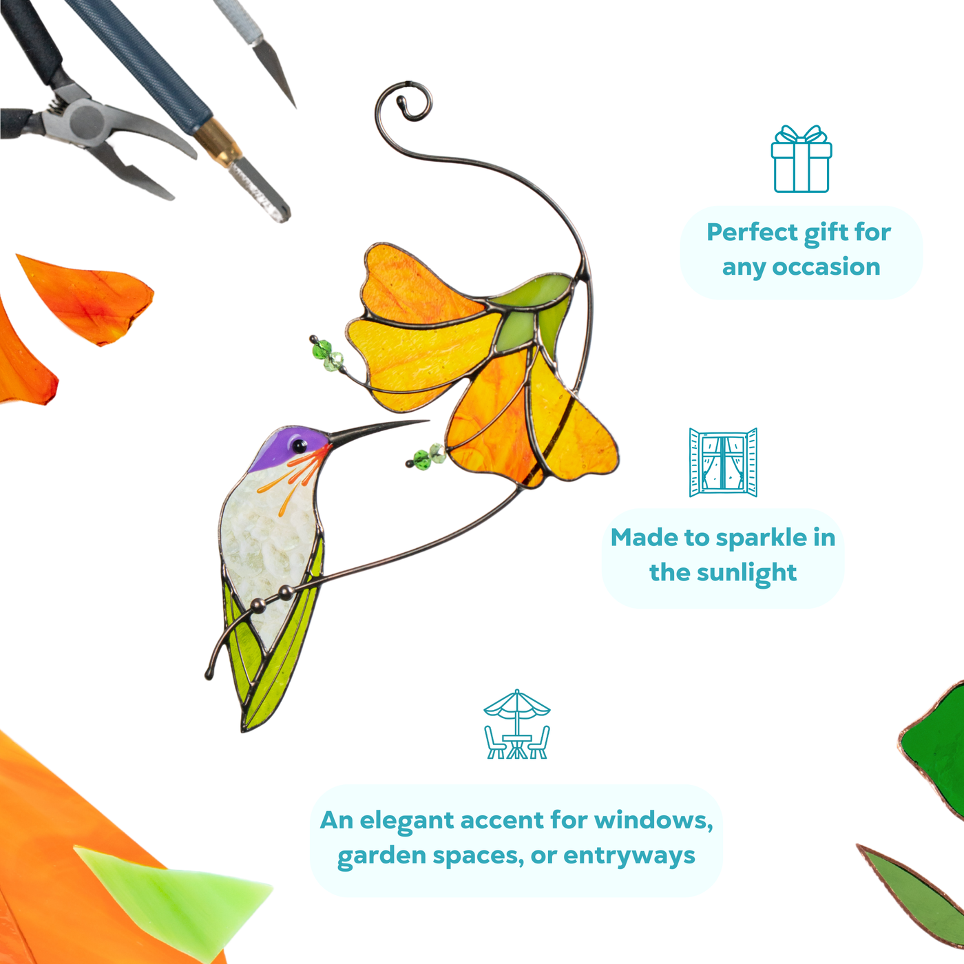 Stained glass hummingbird with yellow flower surrounded by tools and gift icons on white background