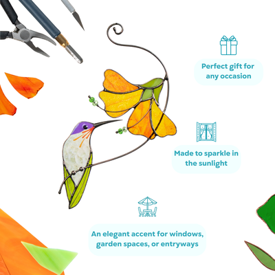 Stained glass hummingbird with yellow flower surrounded by tools and gift icons on white background