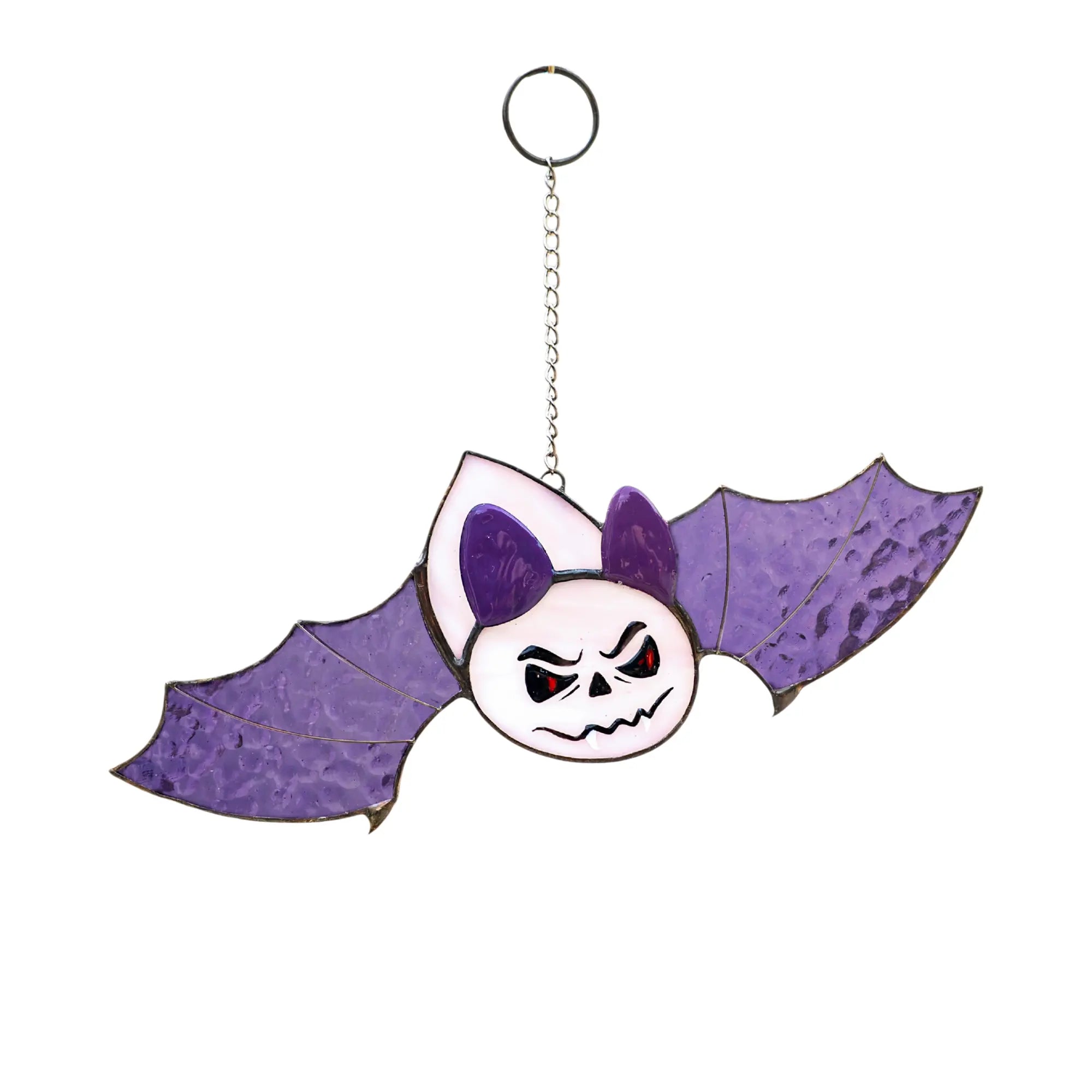 Stained glass bat with purple wings and spooky face hanging on chain