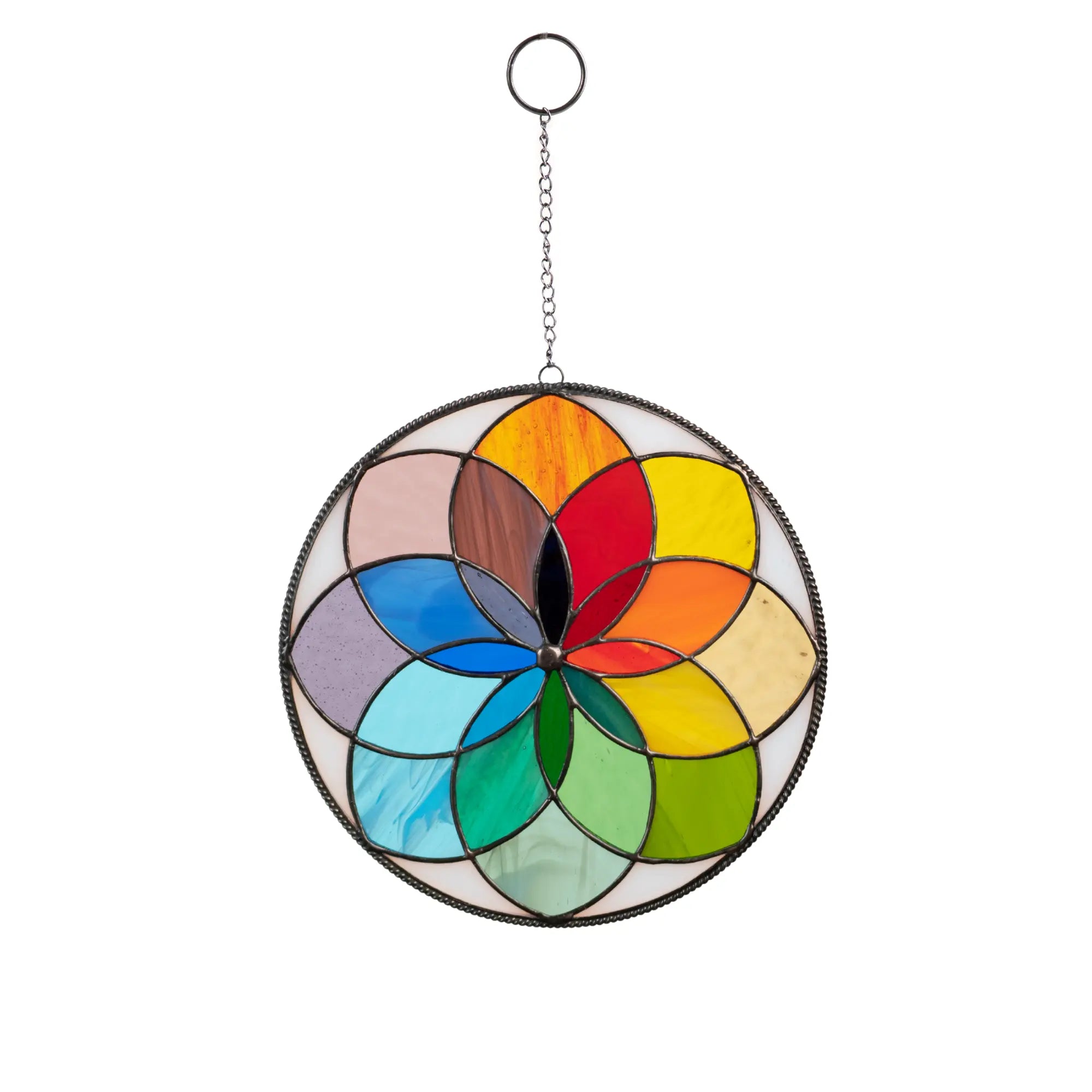Circular rainbow stained glass mandala with colorful petals hanging by chain