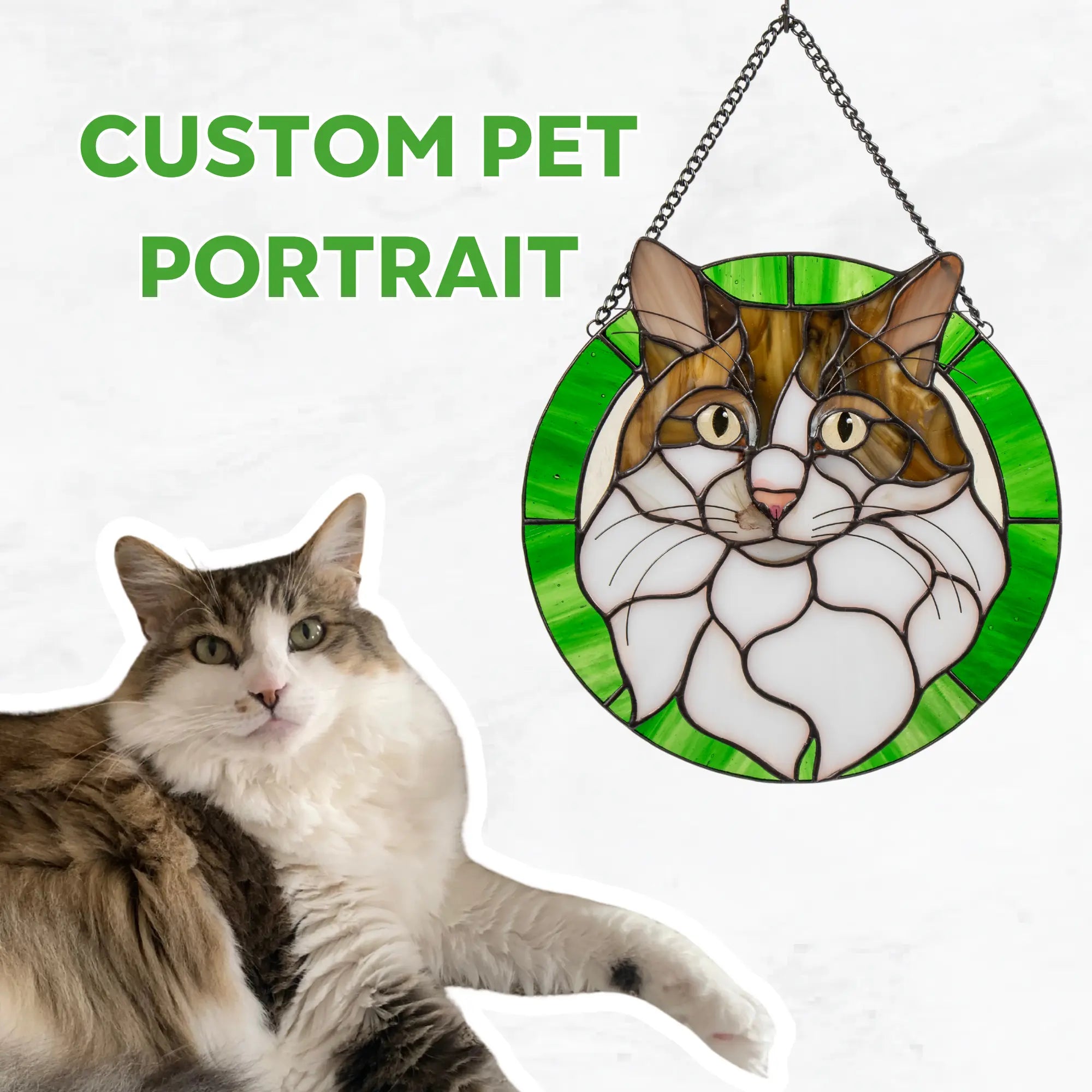 Real cat next to a custom stained glass pet portrait made of stained glass on a white background