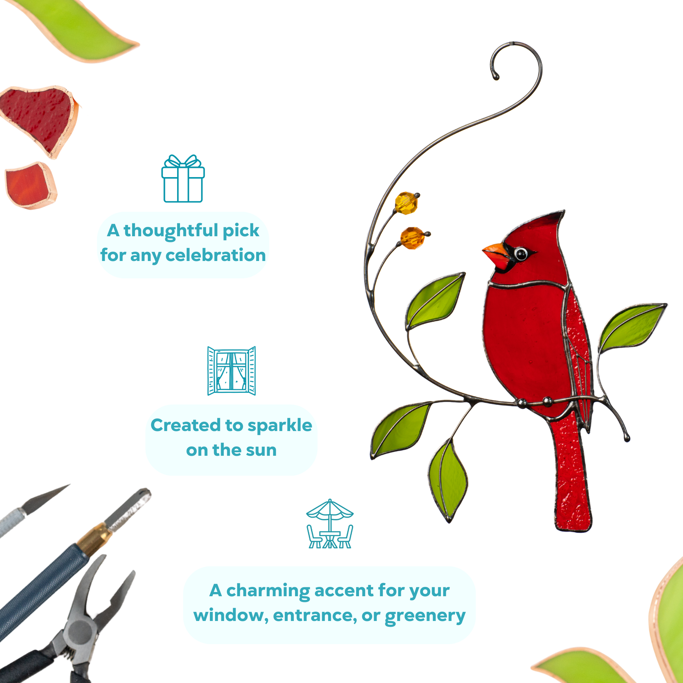 Stained glass red cardinal with vibrant green leaves, handcrafted for windows or gardens, includes suction cup, sparkles in sunlight, ideal as a gift for any celebration