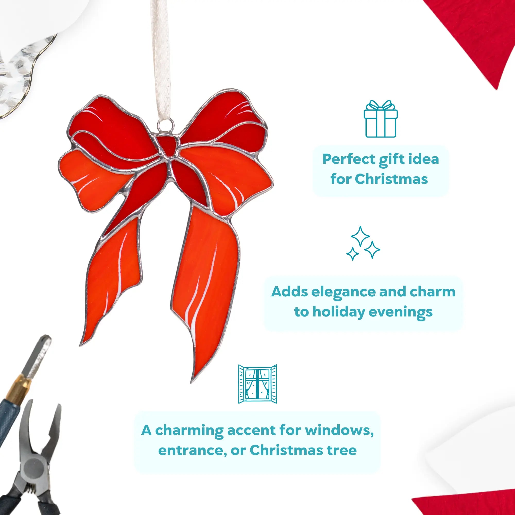 Red stained glass bow ornament as a charming accent for Christmas interior