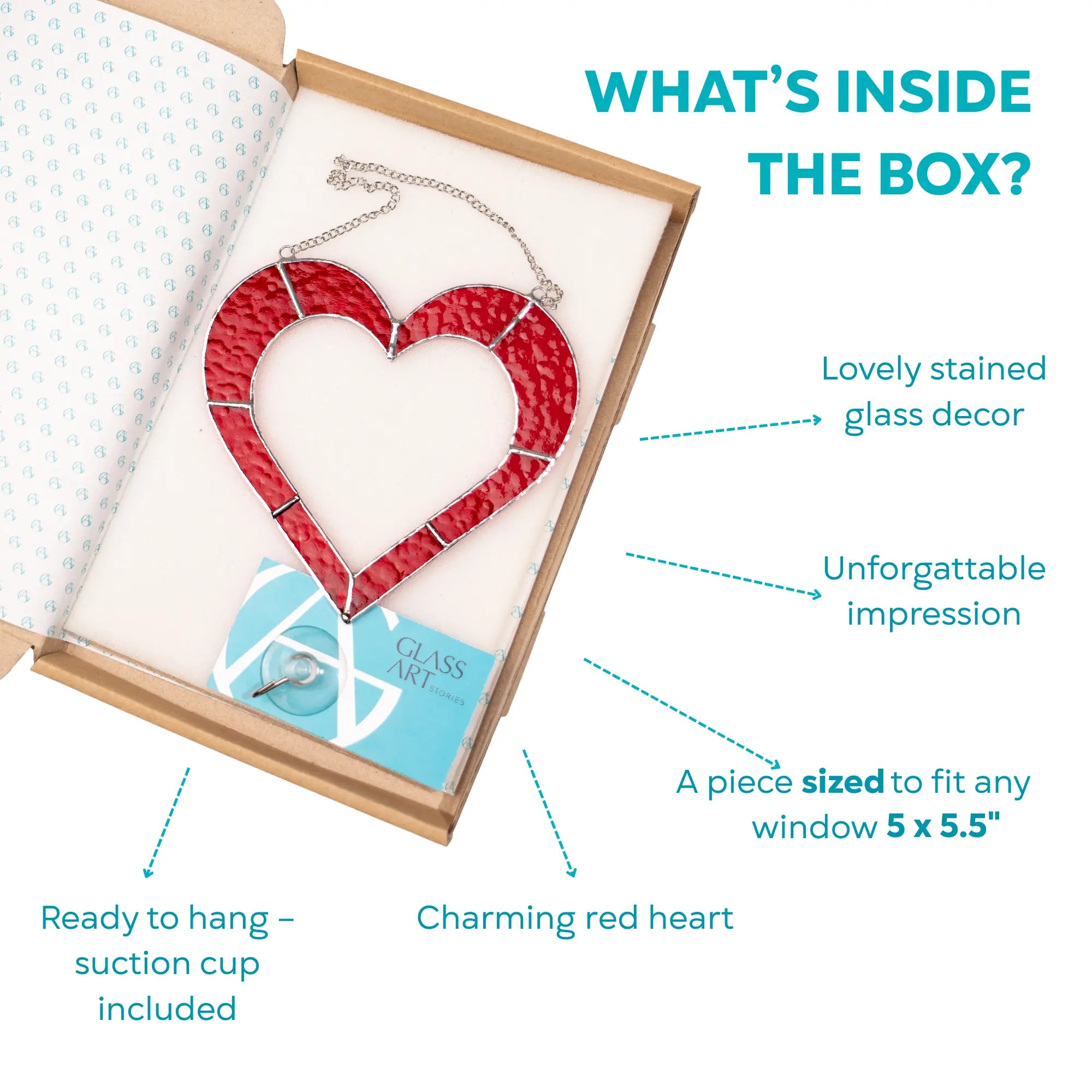 Red heart stained glass suncatcher presented in a gift box with a suction cup included for easy hanging.
