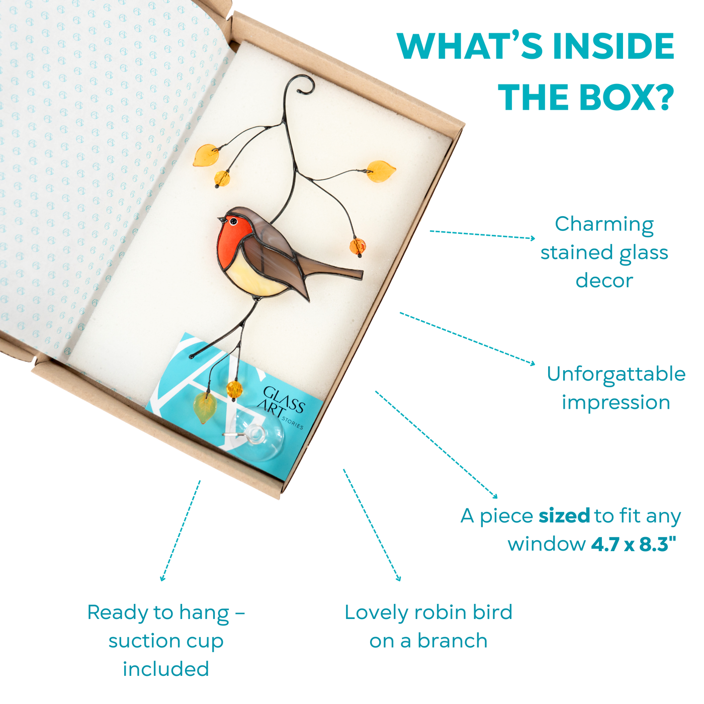 Unboxing view of robin suncatcher with suction cup and card inside Glass Art Stories packaging.