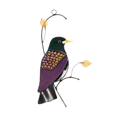 Decorative starling bird suncatcher in stained glass with golden glass leaves accents, perfect for home or gift.