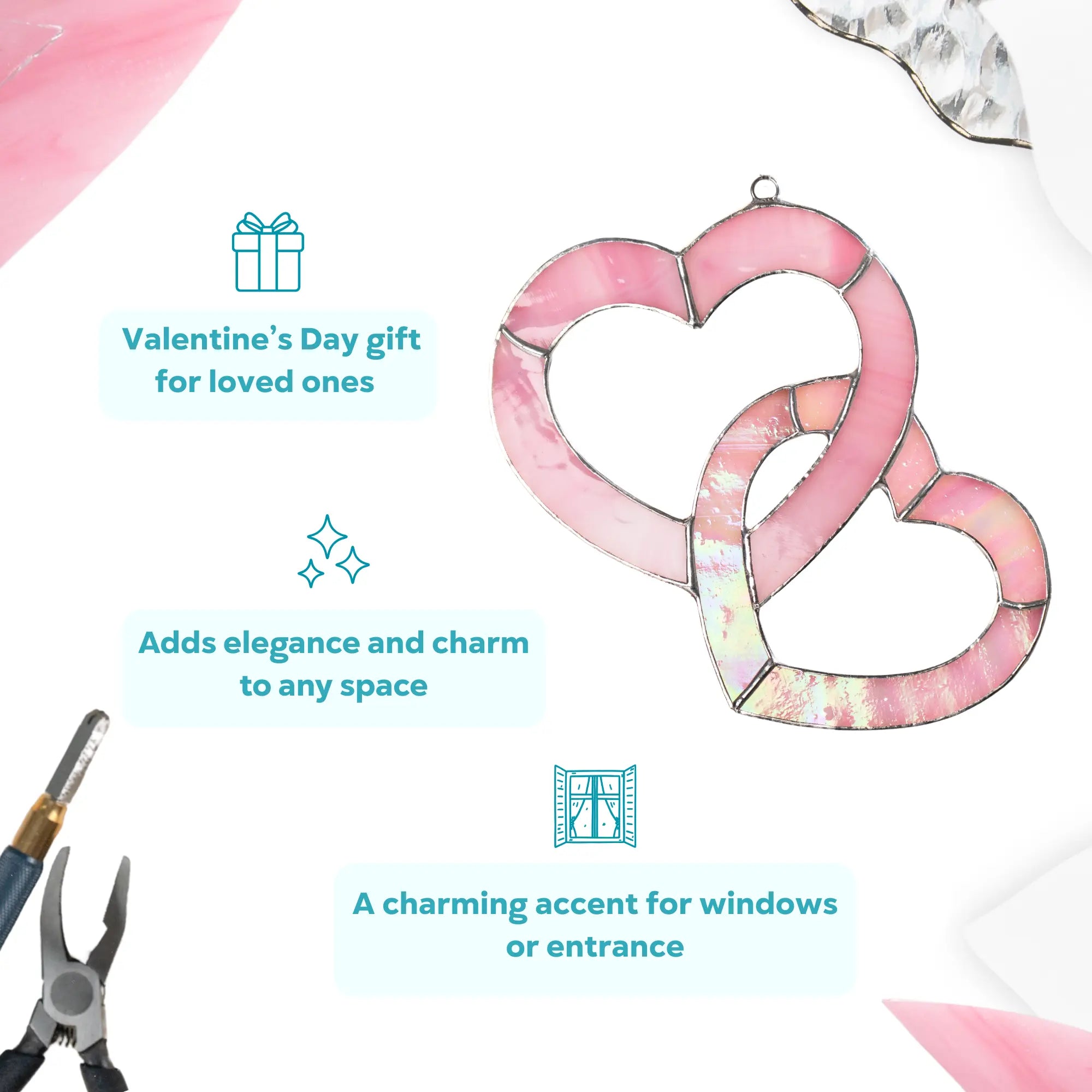Infographic showing pink stained glass heart suncatcher as a Valentine’s Day gift for loved ones, highlighting elegant decor for windows or entrance.