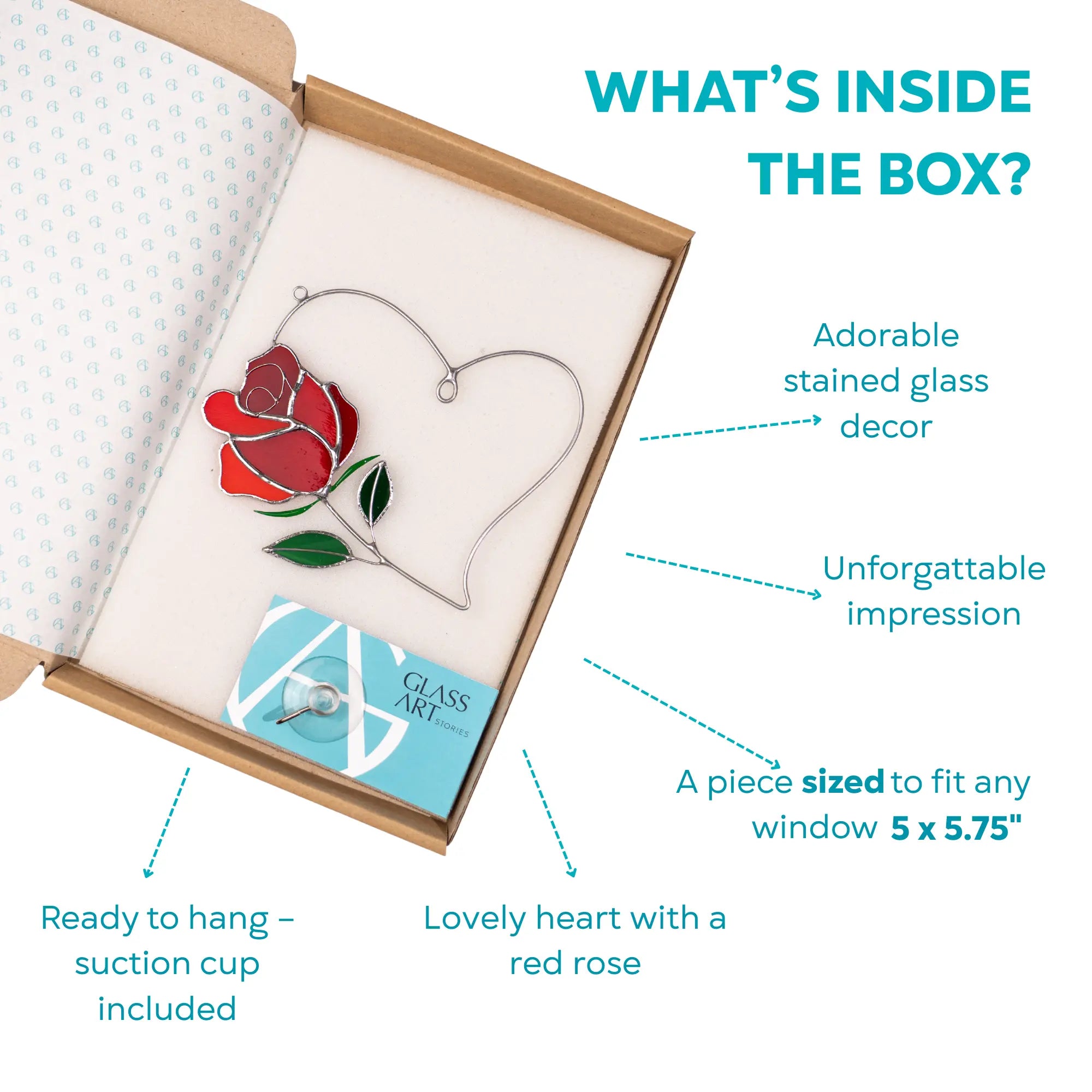 Infographic showing what’s inside the box: rose heart stained glass suncatcher, suction cup included, ready to hang.