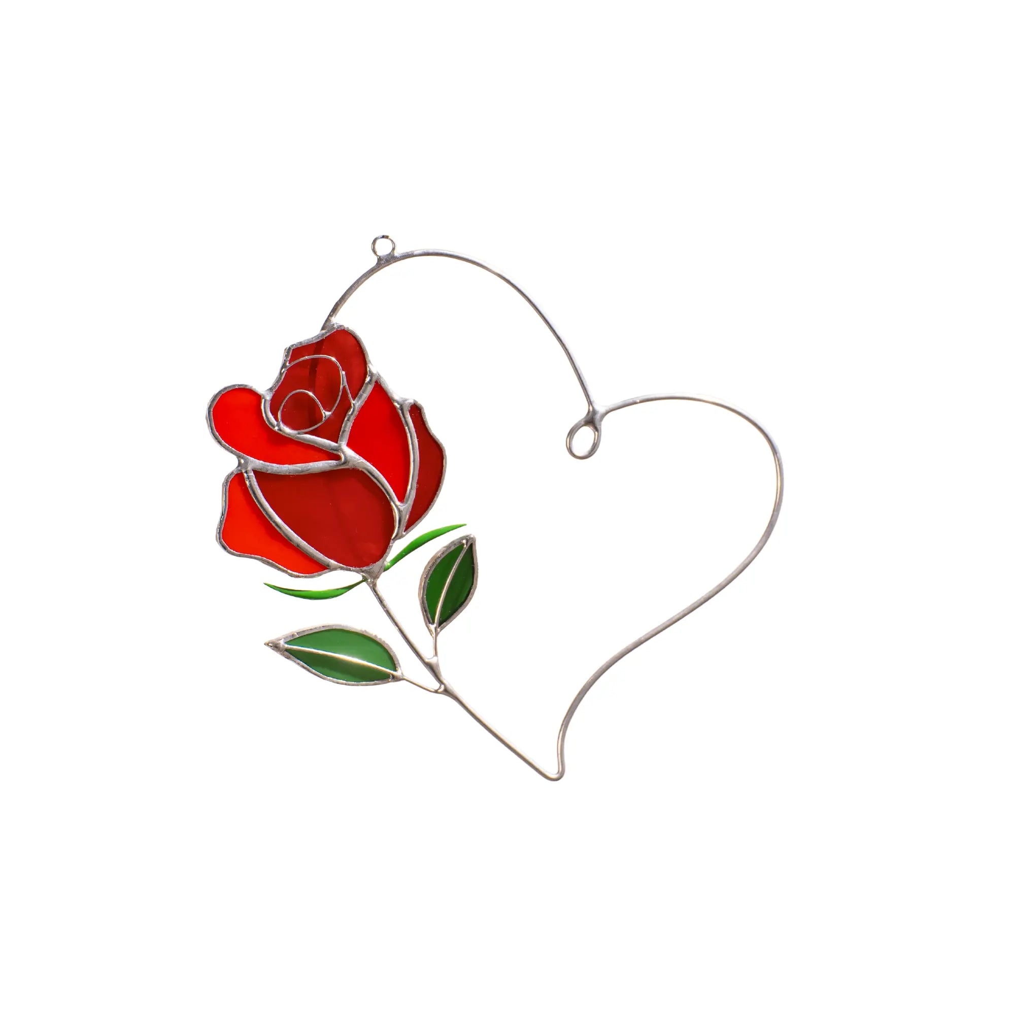 Handmade rose heart stained glass suncatcher featuring a bright red glass rose with green leaves inside a delicate heart-shaped wire frame.