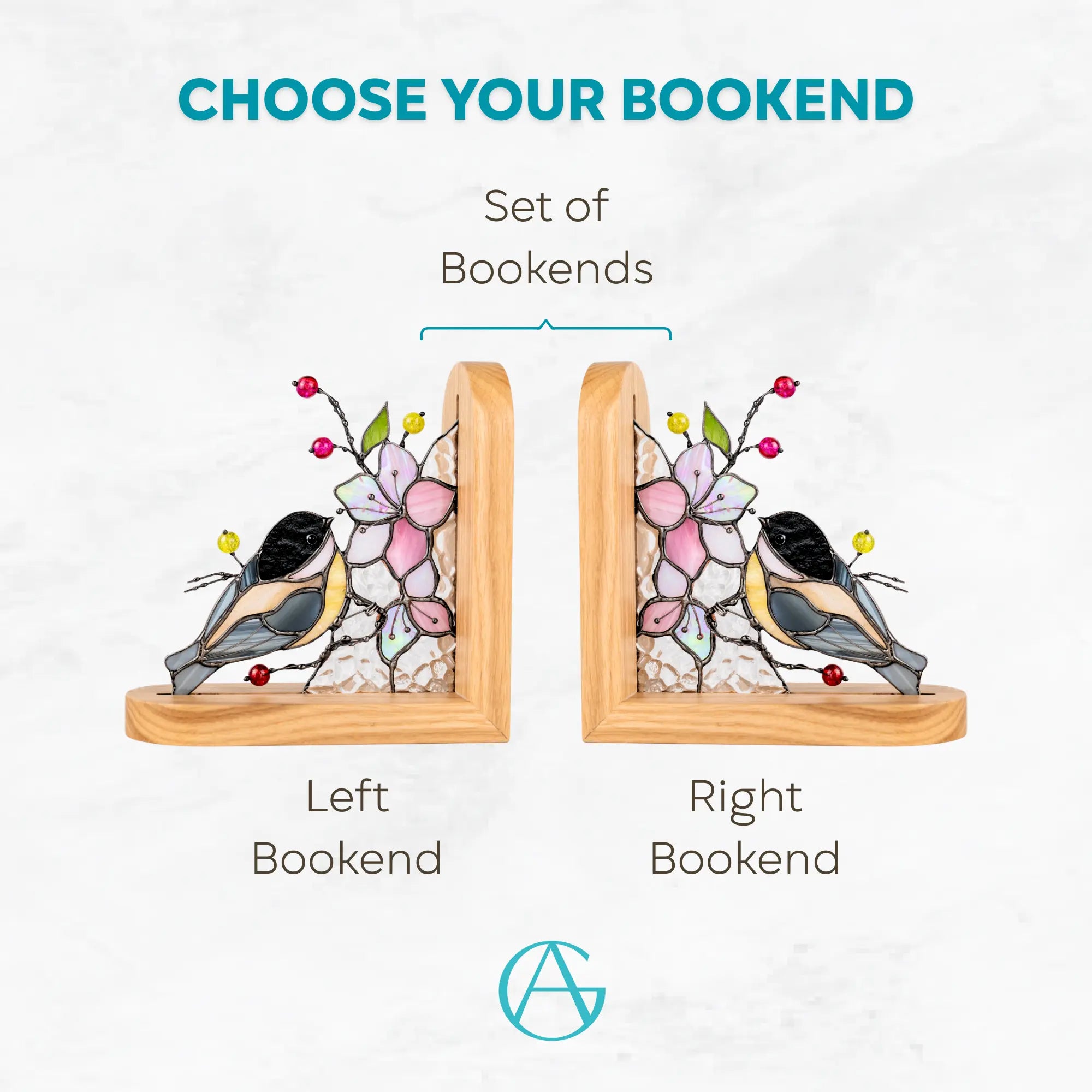 Variation of bookends with chickadee and floral design: left, right and set of two