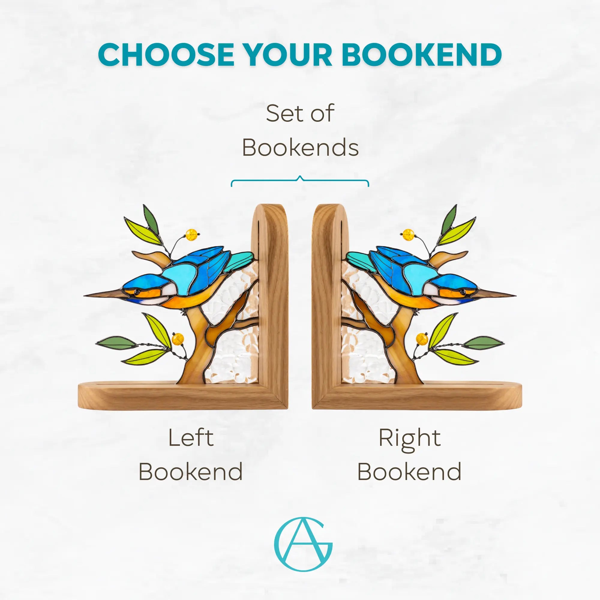 Set of stained glass bookends with kingfisher on a branch design on a white background