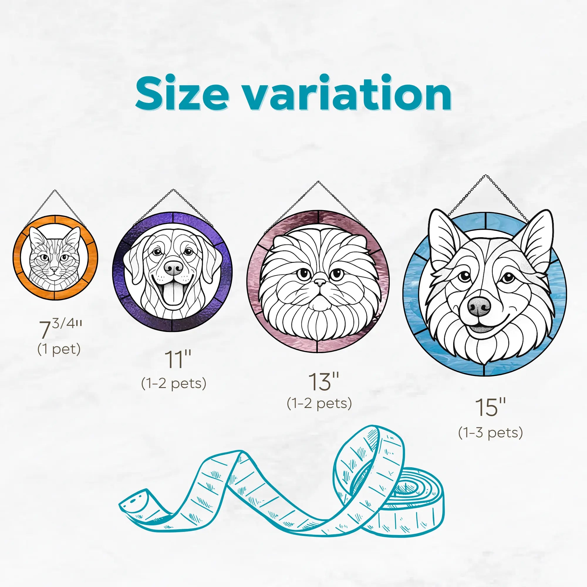 Size variation guide for stained glass pet portraits with measurements and illustrations of pets.
