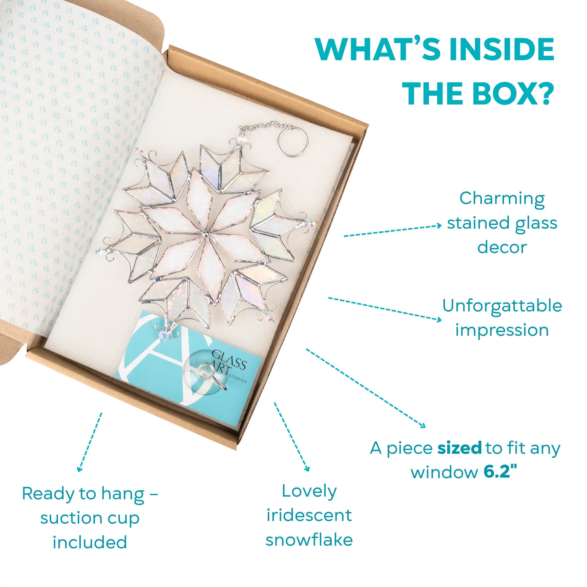 Gift box with iridescent stained glass snowflake ornament, suction cup, and Glass Art Stories card inside.