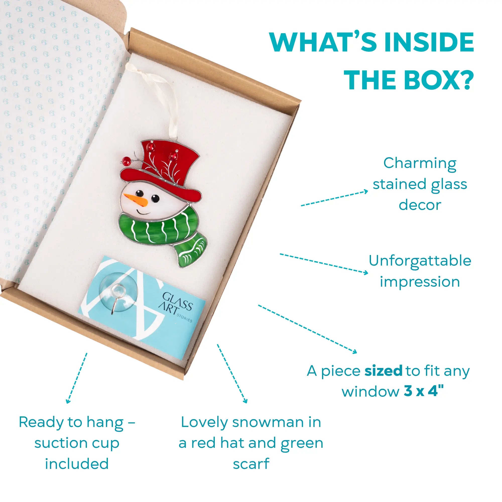Gift box containing stained glass snowman with red hat and green scarf, packaged with a suction cup for hanging.
