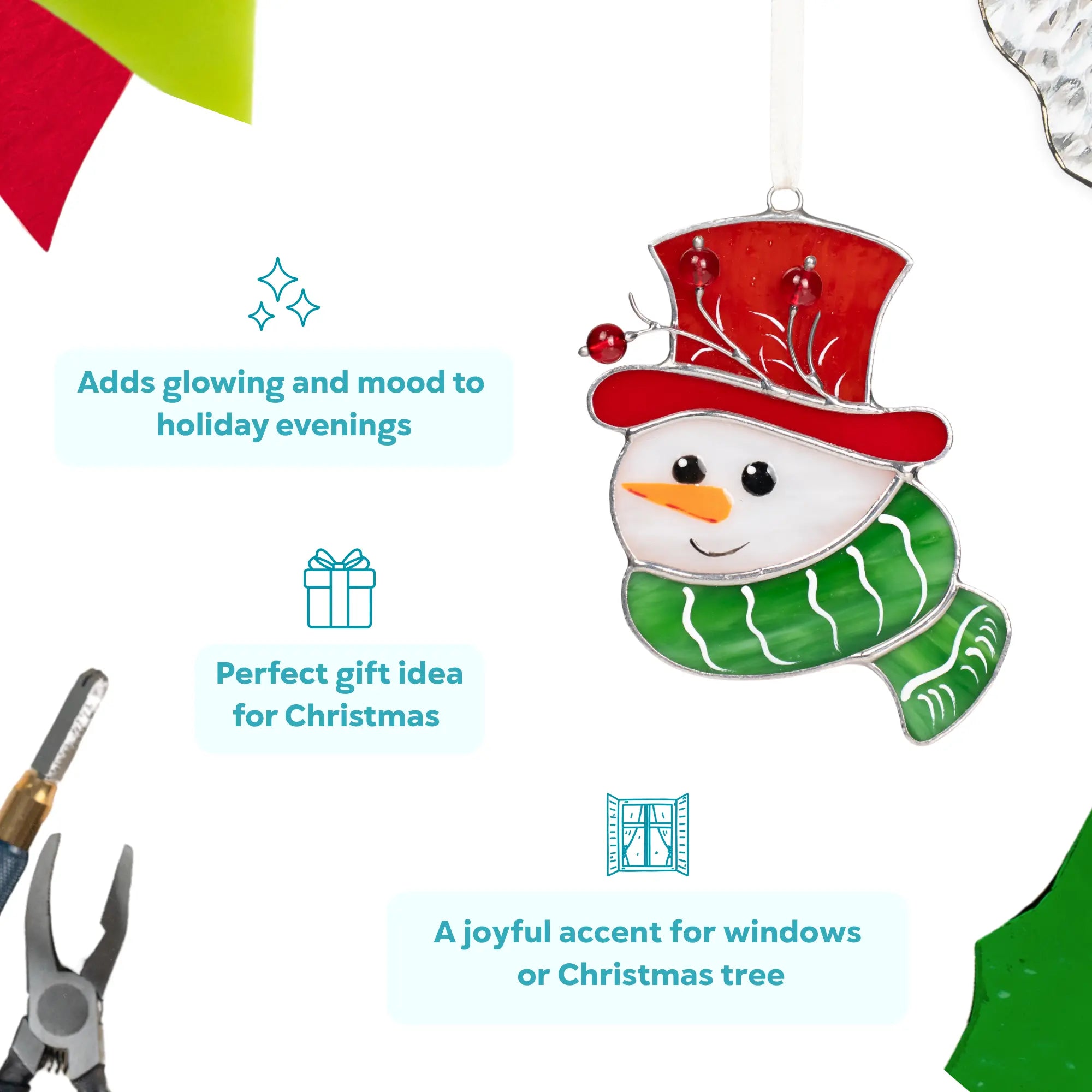 Stained glass snowman ornament with red hat and green scarf, perfect gift idea for Christmas