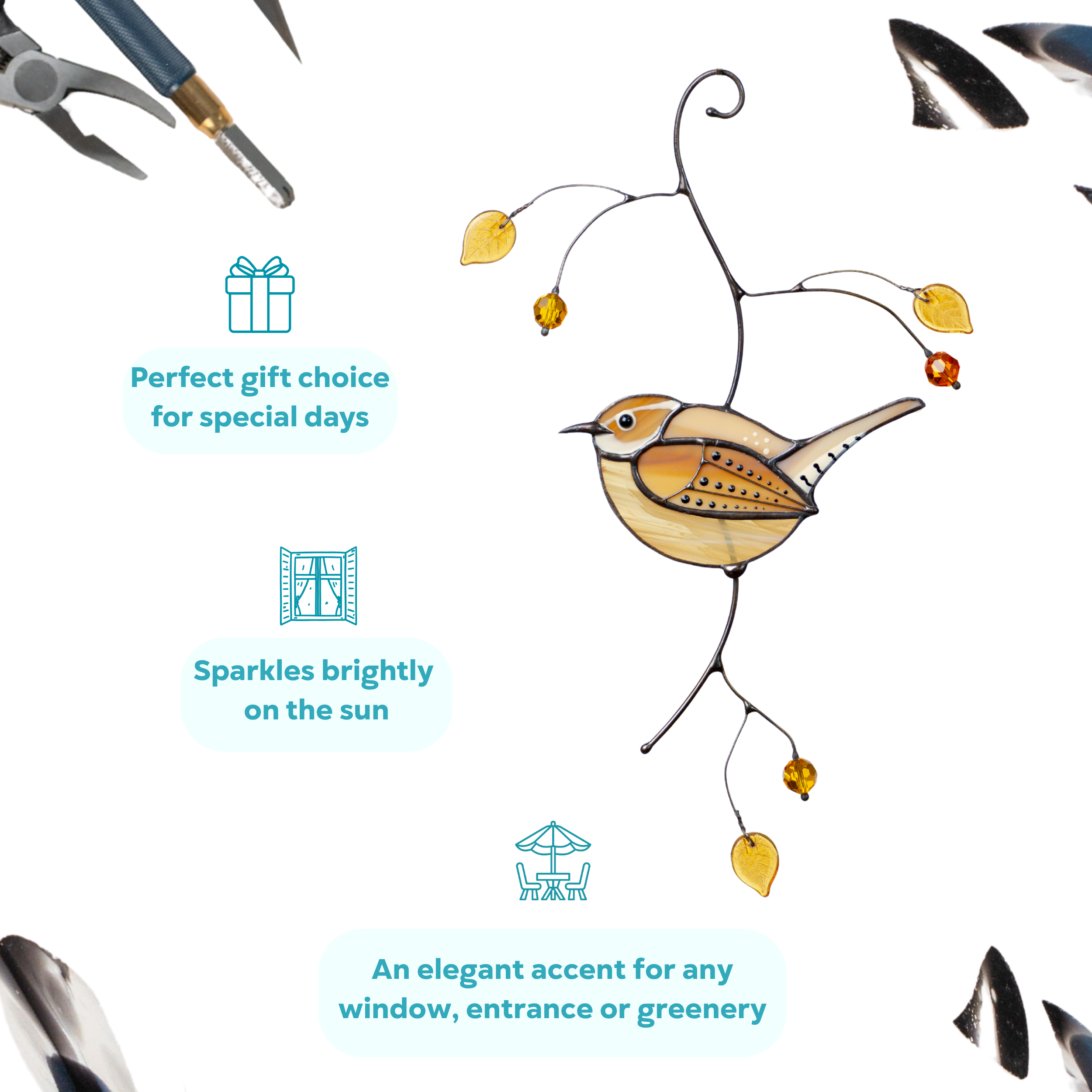 A stained glass Carolina wren in golden-brown shades with hanging beads and leaves