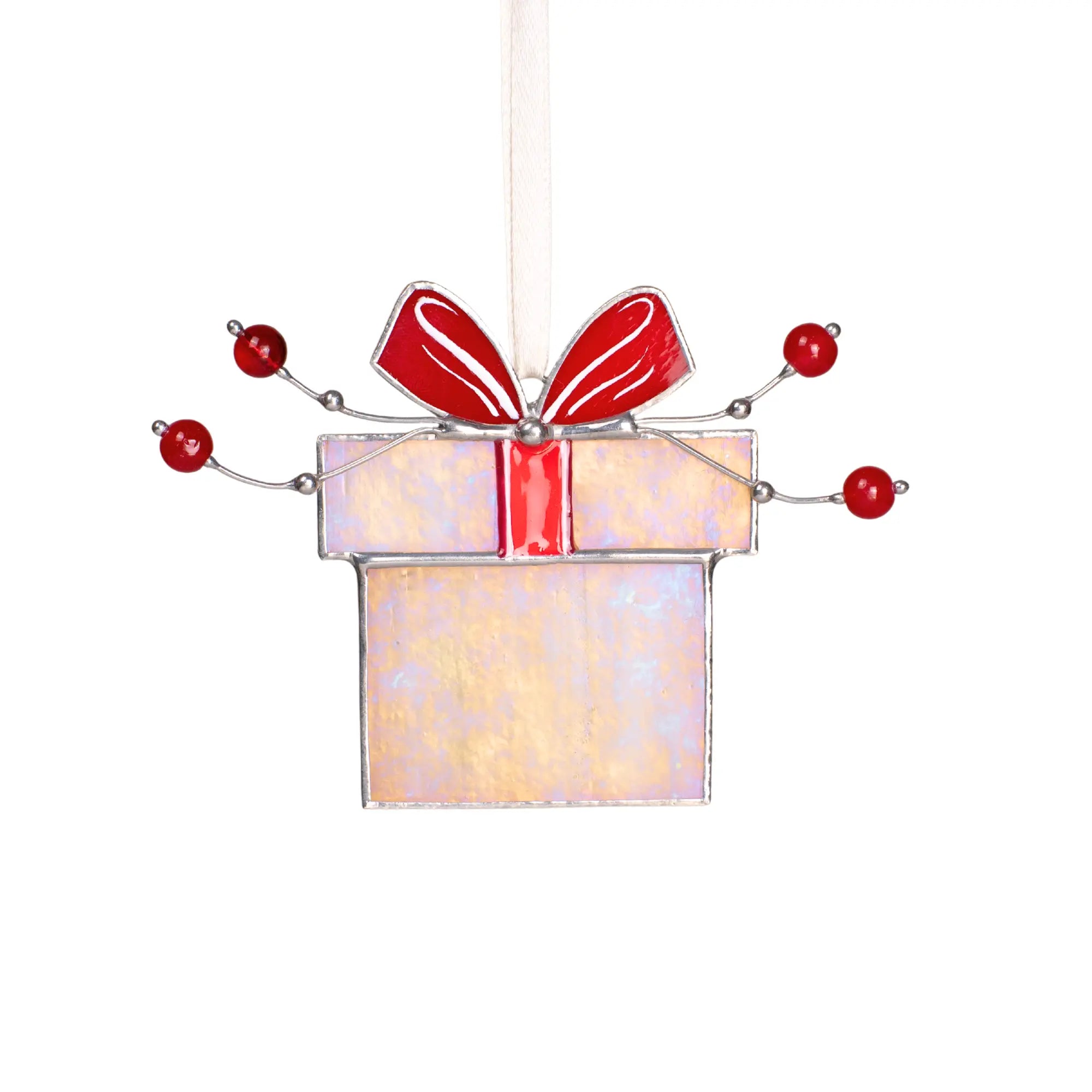 Stained glass Christmas gift box ornament with red bow and festive red beads, perfect for window décor.