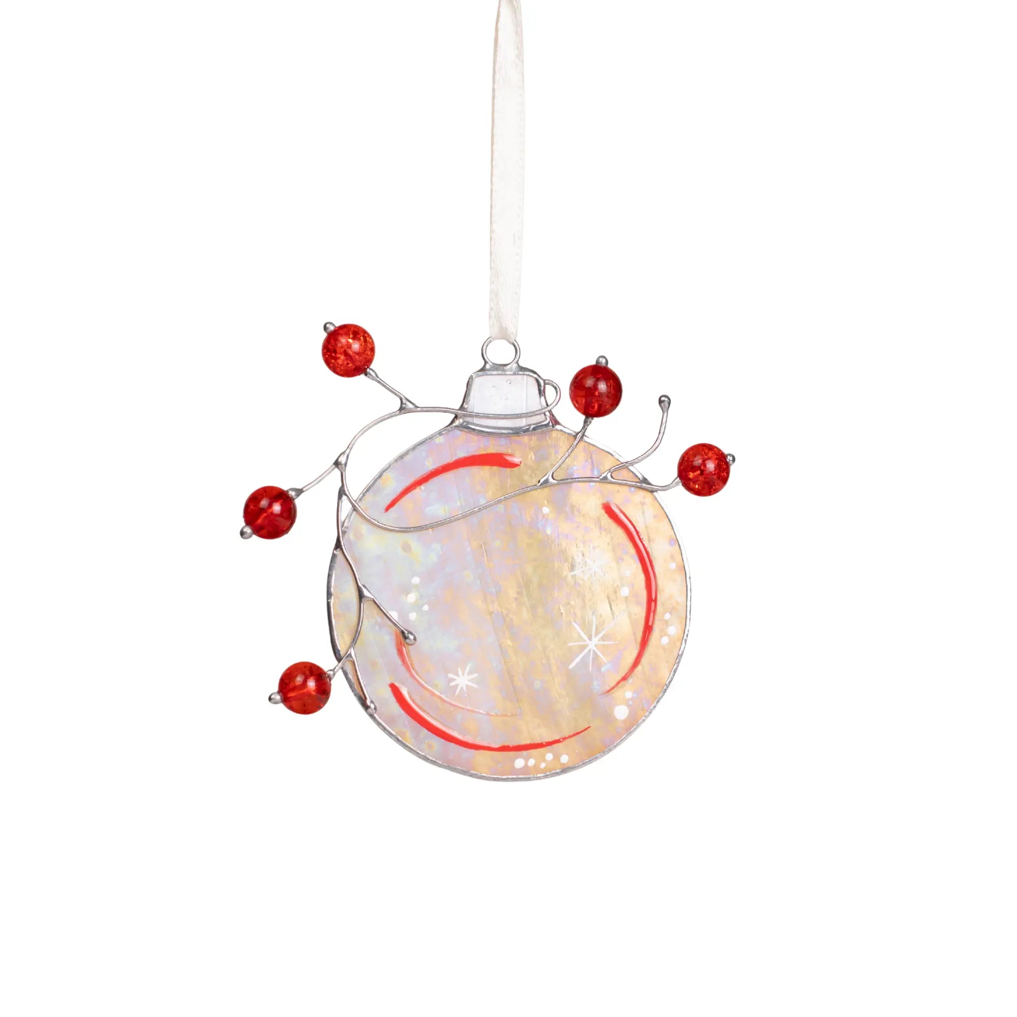 Stained glass Christmas ornament in the shape of a ball with red beads, featuring an iridescent finish and delicate snowflakes