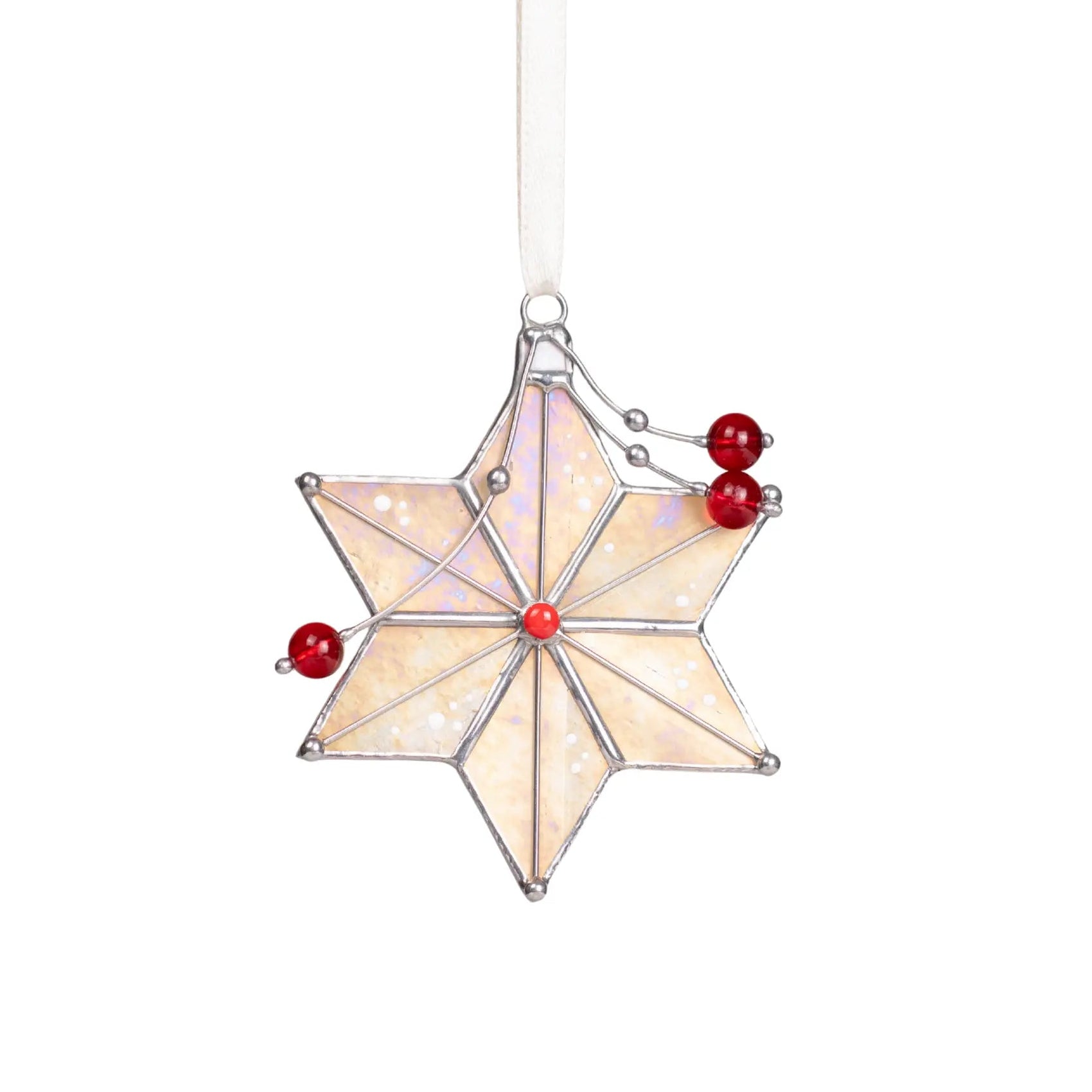 Stained glass star ornament with iridescent white glass, red beads, and a red center