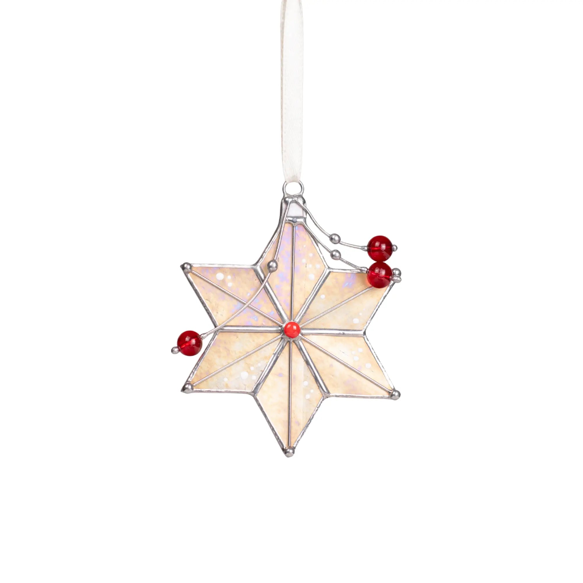 Stained glass star ornament with iridescent white glass, red beads, and a red center