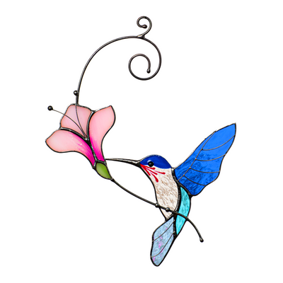 Blue stained glass hummingbird with pink flower