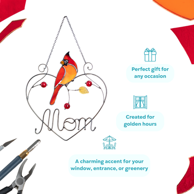 Infographic showing cardinal suncatcher is a perfect gift, the most charming accent for interior and made for golden hours.