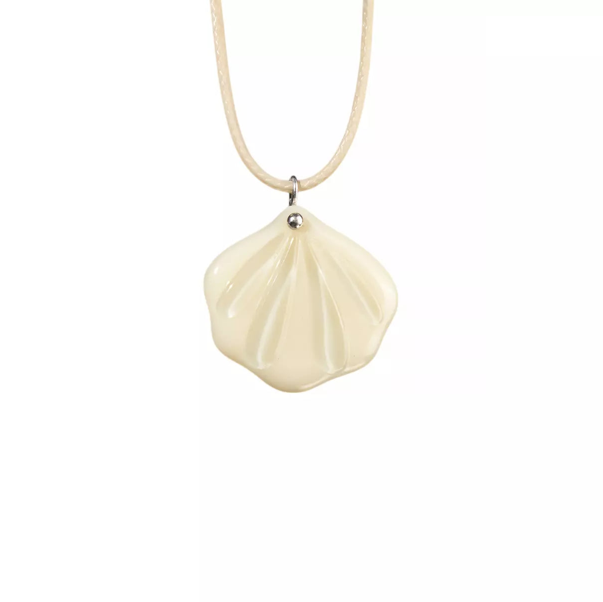 Shell-shaped pendant on a necklace against a white background