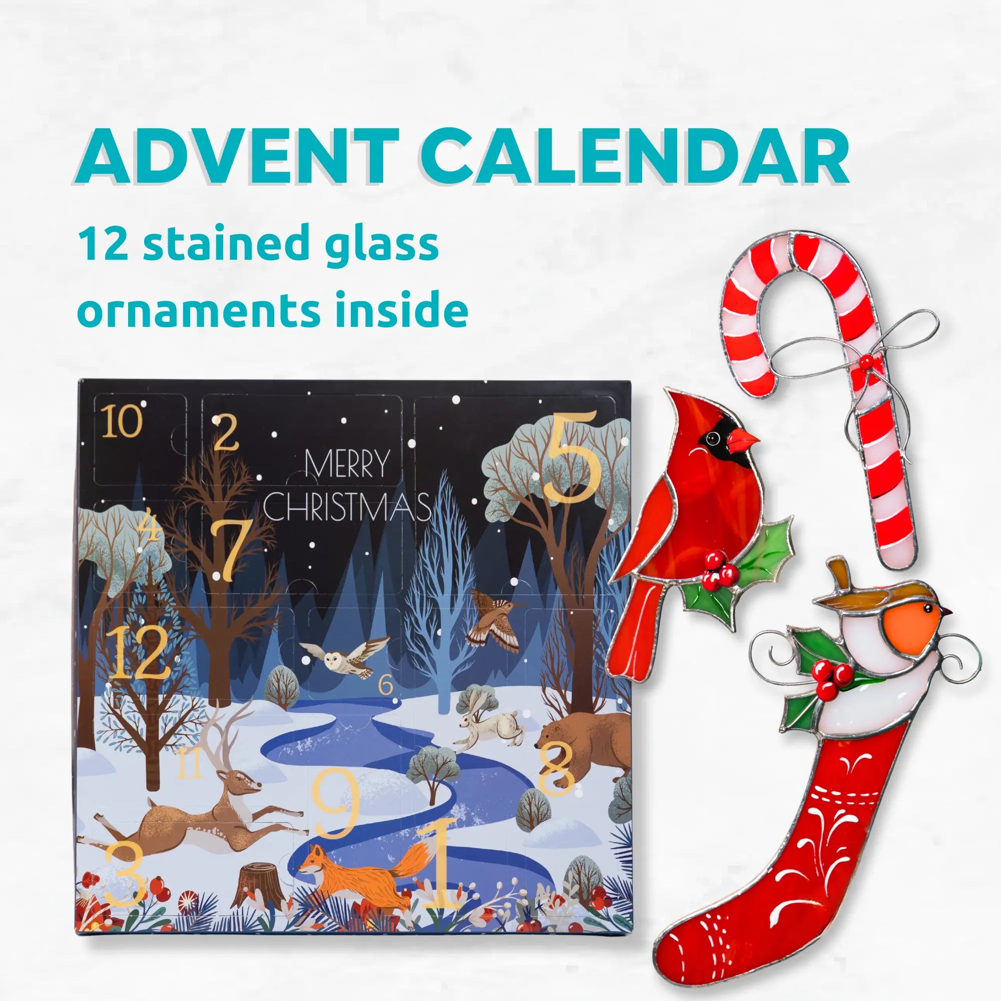 Stained glass advent calendar with 12 stained glass Christmas ornaments inside