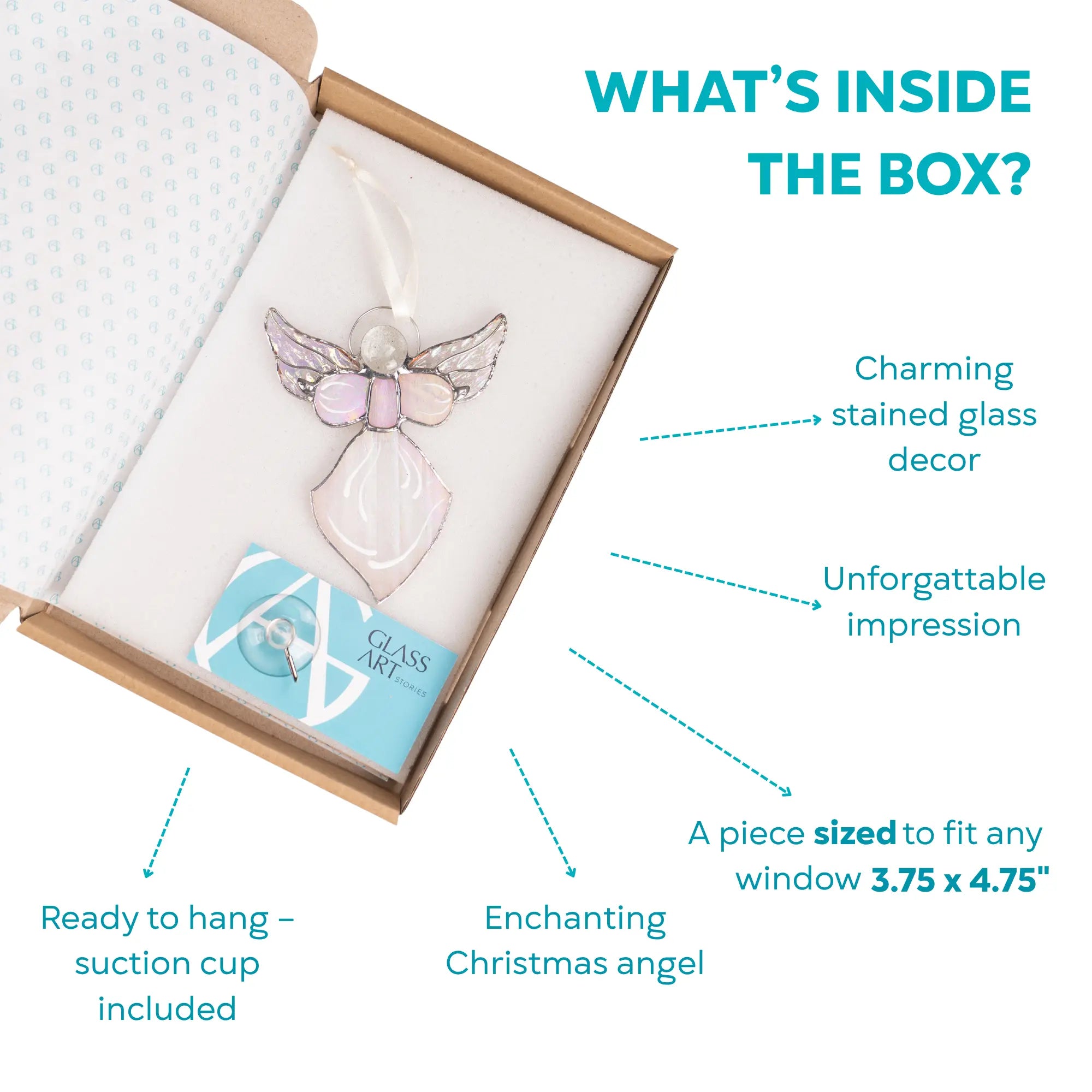 Gift box with iridescent stained glass angel ornament, ribbon for hanging, and suction cup included.