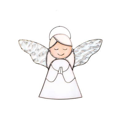 A stained glass angel figure with white dress and textured transparent wings, hands folded in prayer.