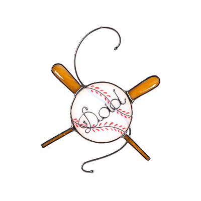 White stained glass baseball with red stitching, crossed bats, and wire "Dad" inscription