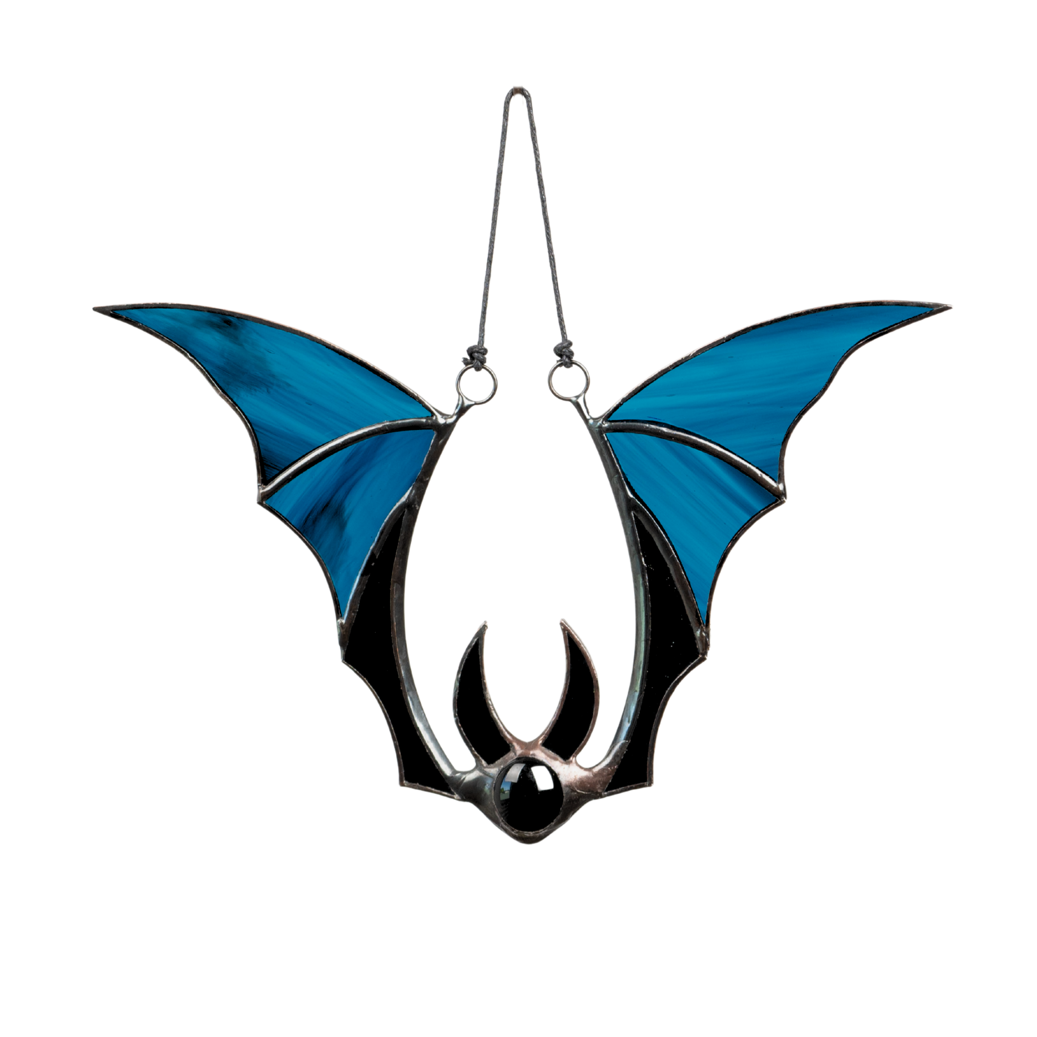 A stained glass bat with bright blue wings and black body, shown on white background.