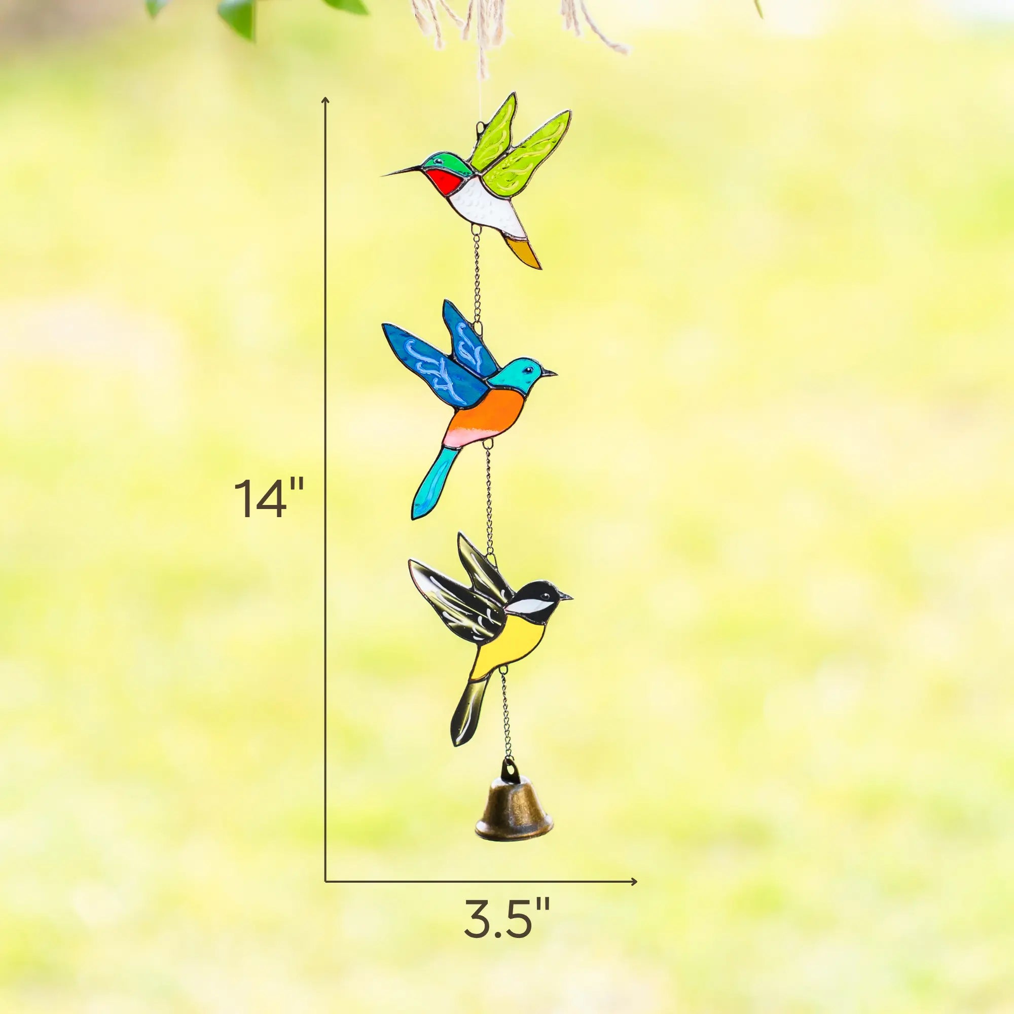 Colorful stained glass bird-shaped wind chime with measurements on a yellow background