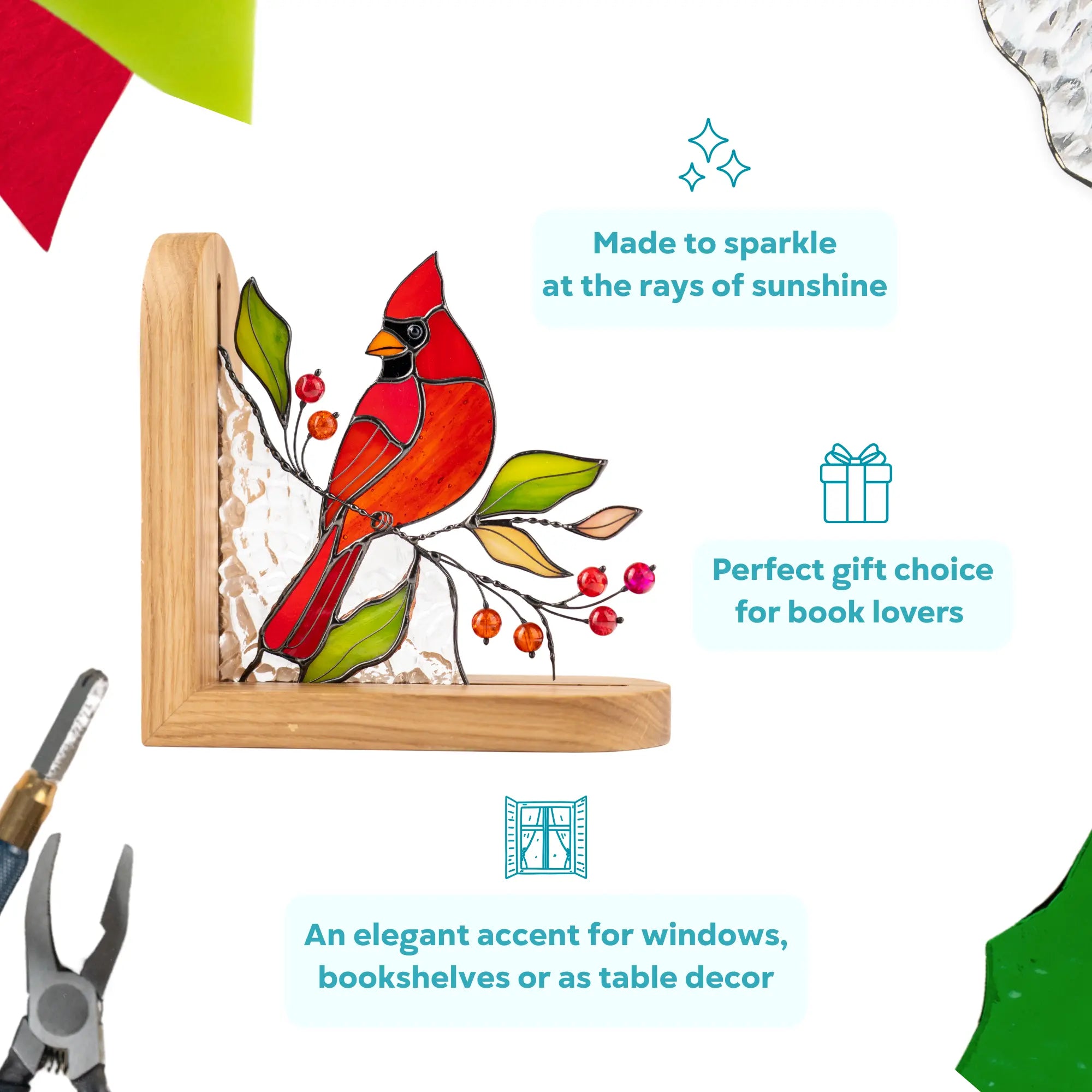 Infographic showing stained glass cardinal bookend highlighting sunlight sparkle, gift for book lovers, and home decor use.