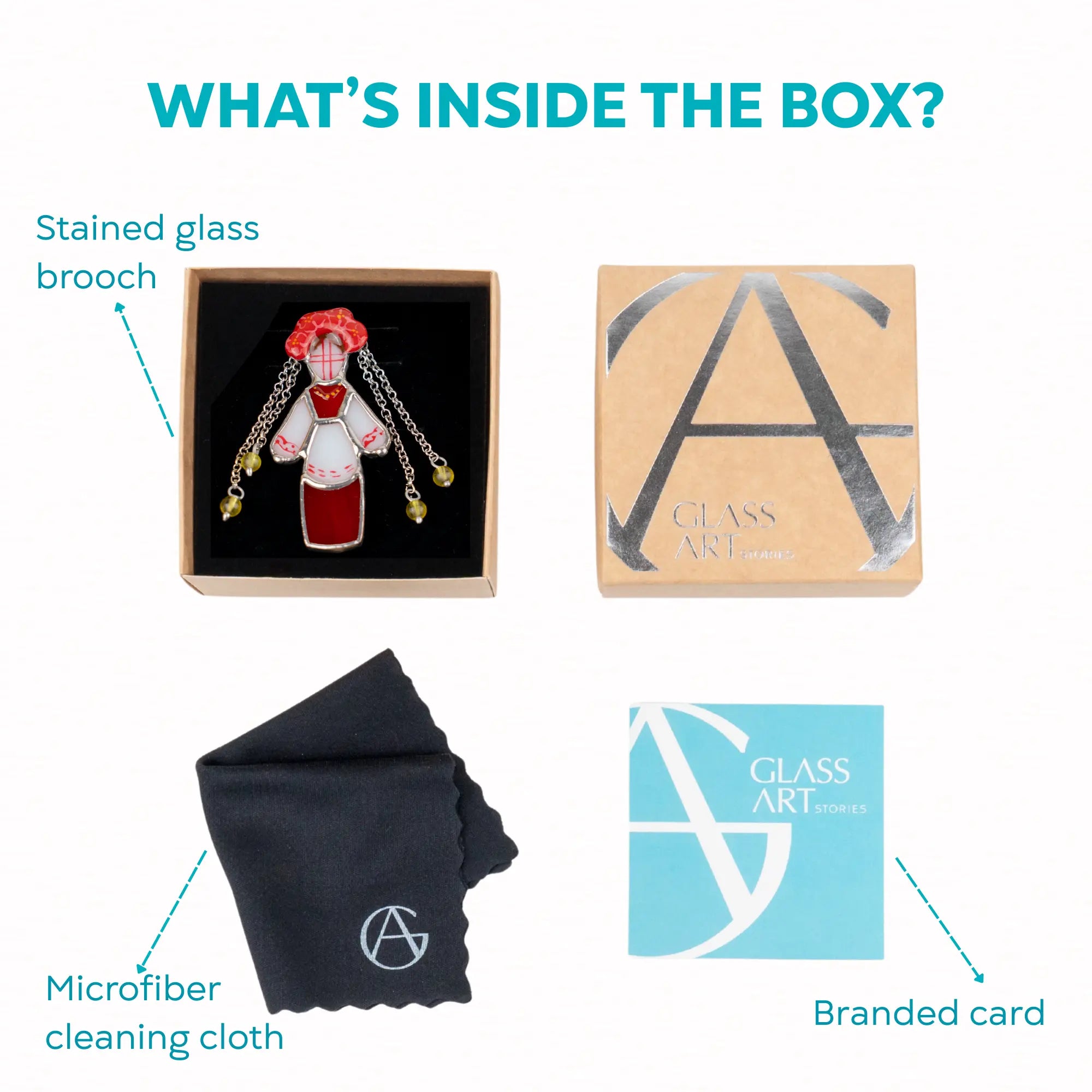 Packaging of stained glass brooch with microfiber cleaning cloth, and branded card with 'Glass Art' logo icnluded