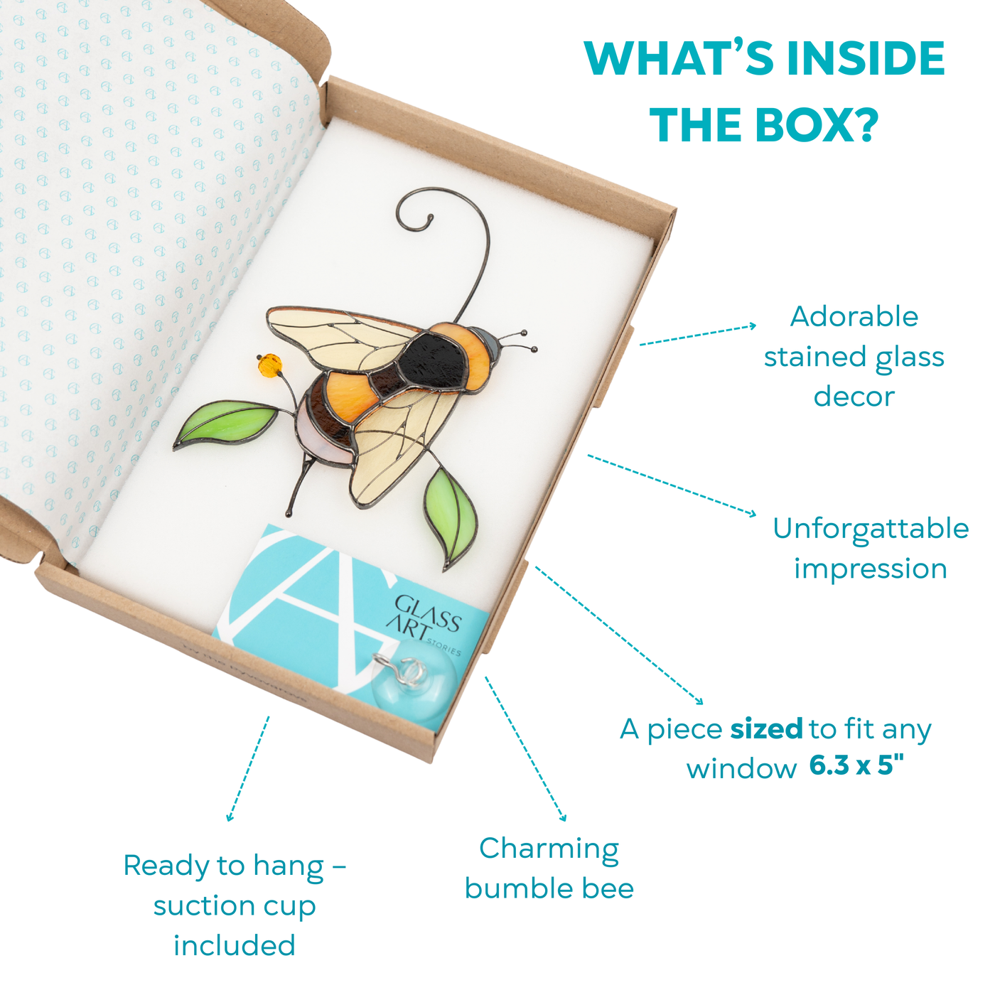 Gift box with stained glass bumble bee and suction cup for hanging included.