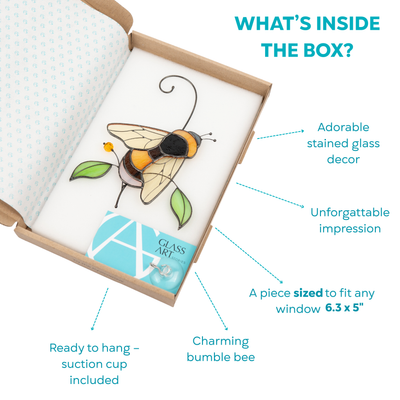 Gift box with stained glass bumble bee and suction cup for hanging included.
