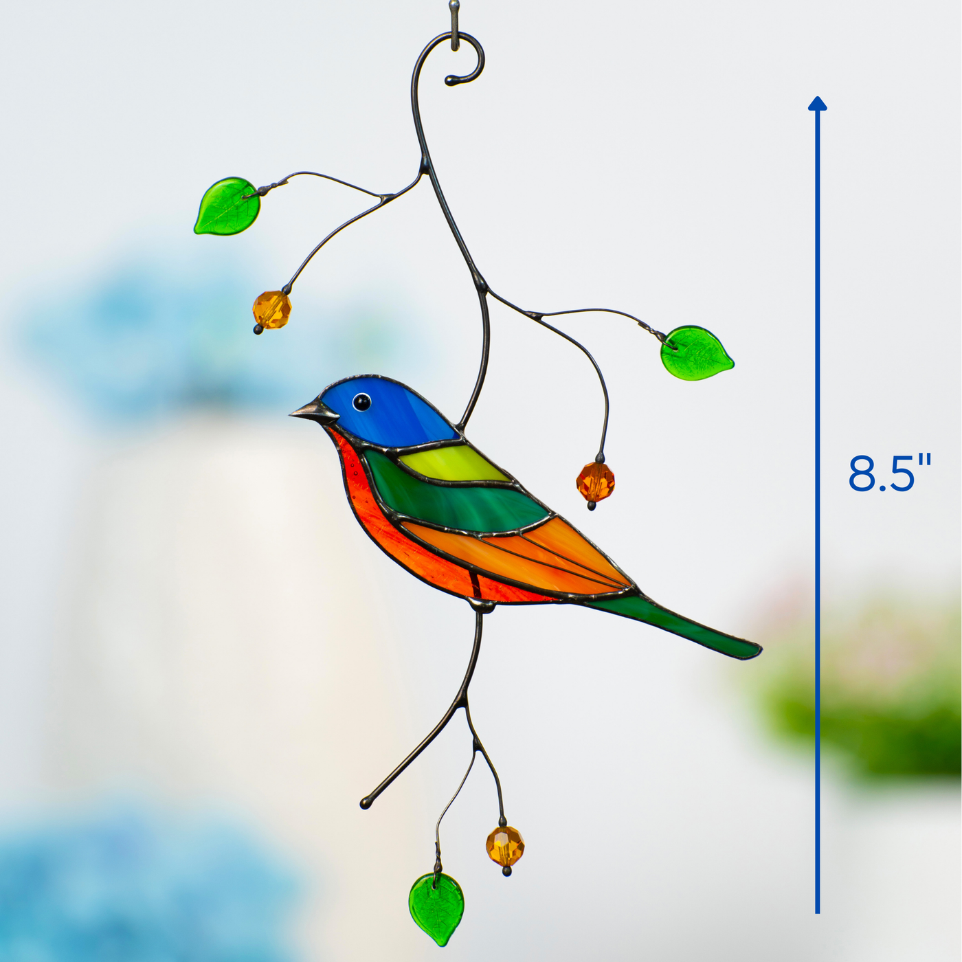 Bunting bird suncatcher shown with size measurement of 8.5 inches for scale.