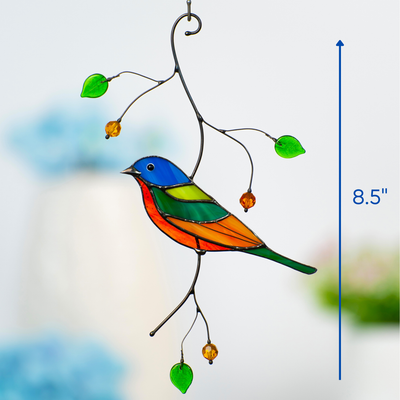 Bunting bird suncatcher shown with size measurement of 8.5 inches for scale.