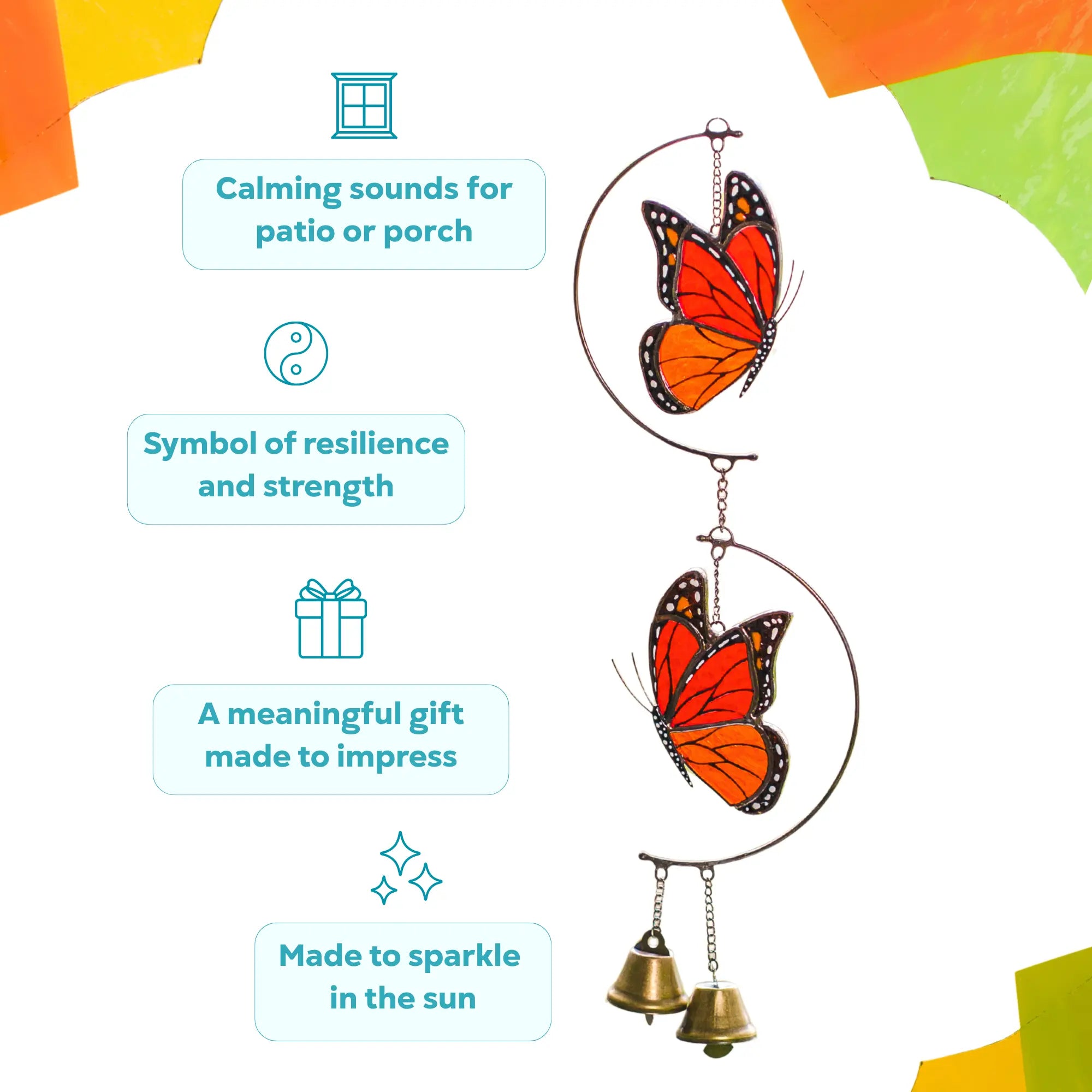 Stained glass butterfly wind chime with instructional icons and text about its features like calming sounds, resilience, and as a gift.