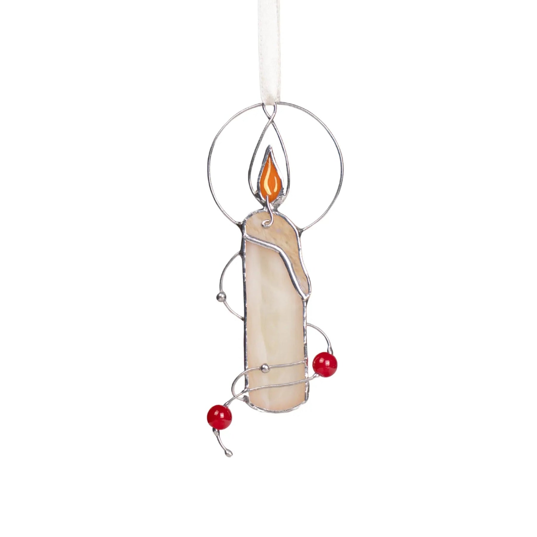 Handmade stained glass candle suncatcher with orange flame, red beads, and silver wire frame hanging on a ribbon.