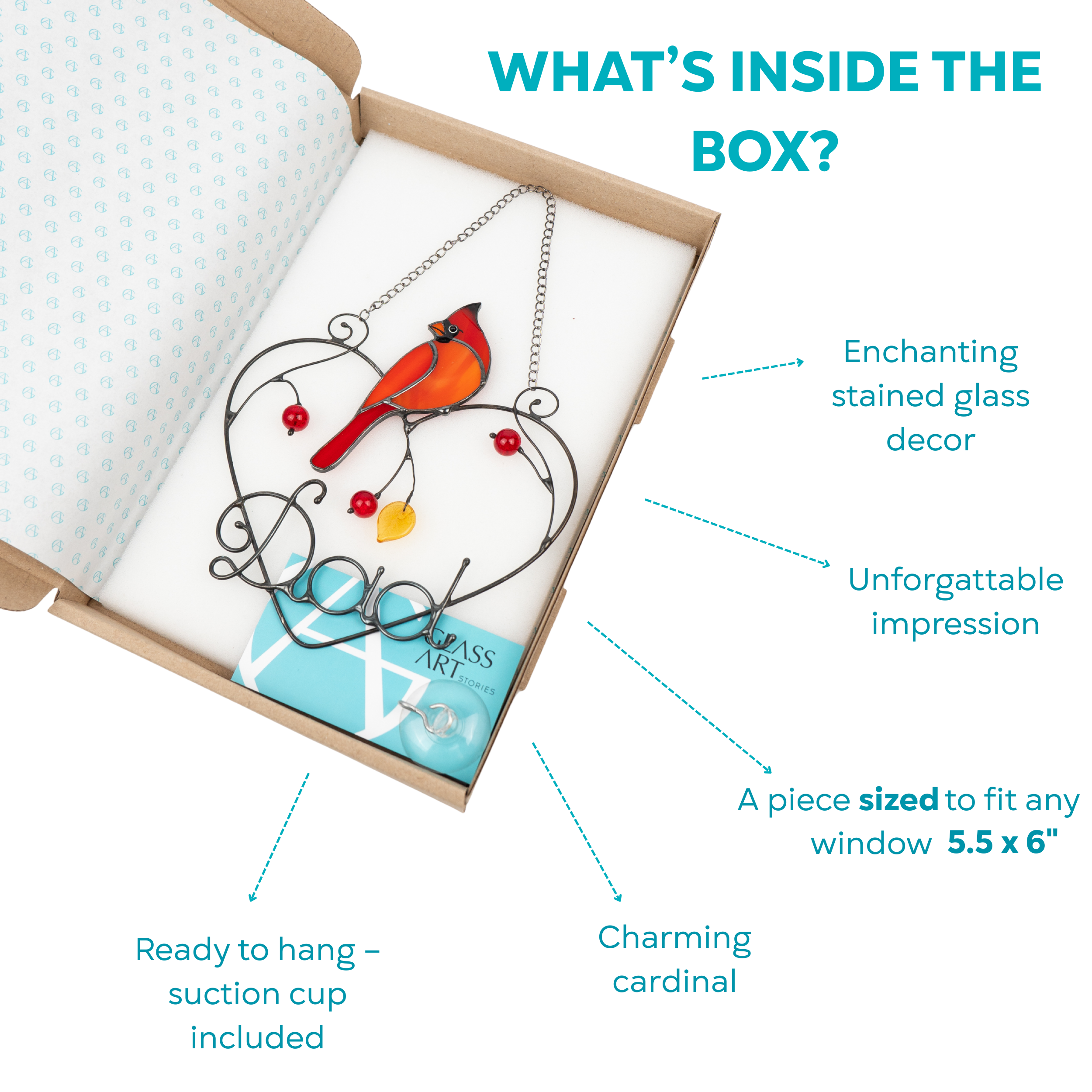Open box showing cardinal “Dad” suncatcher and suction cup included.