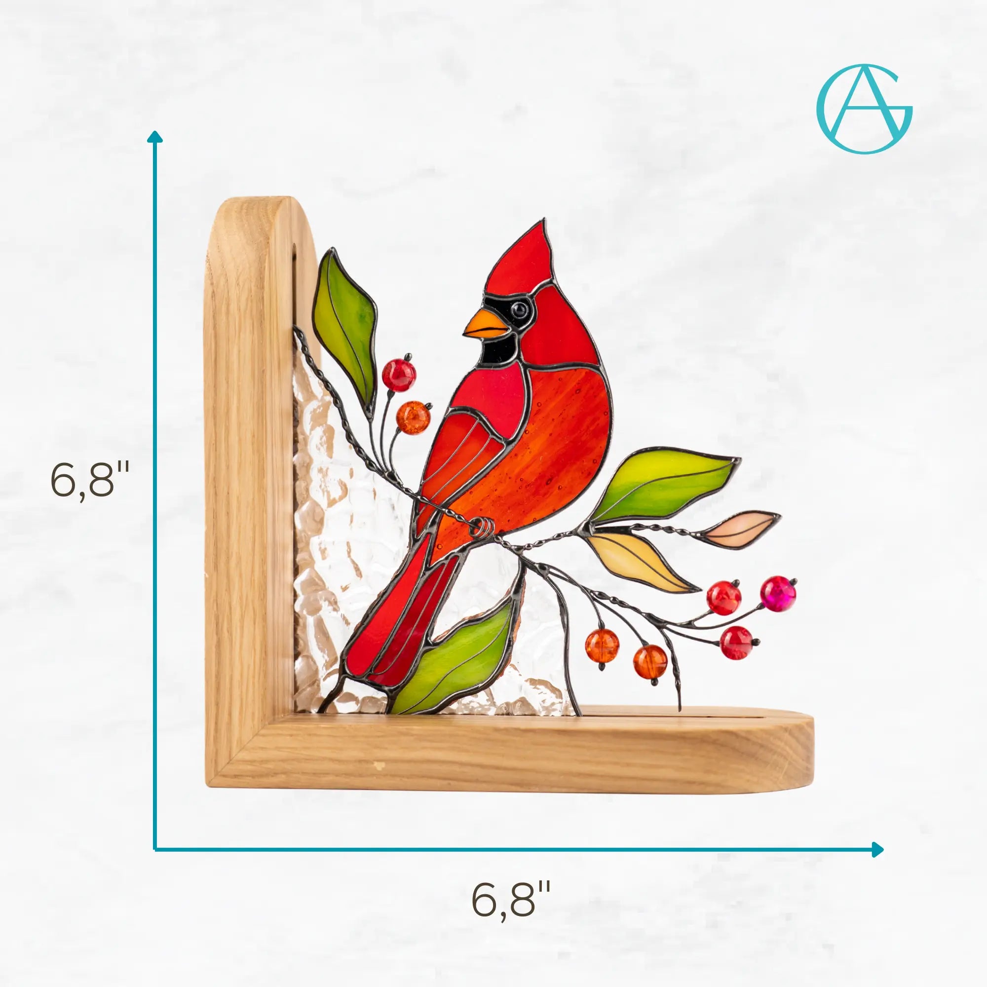 Infographic displaying stained glass cardinal bookend dimensions measuring 6.8 inches in height and width.