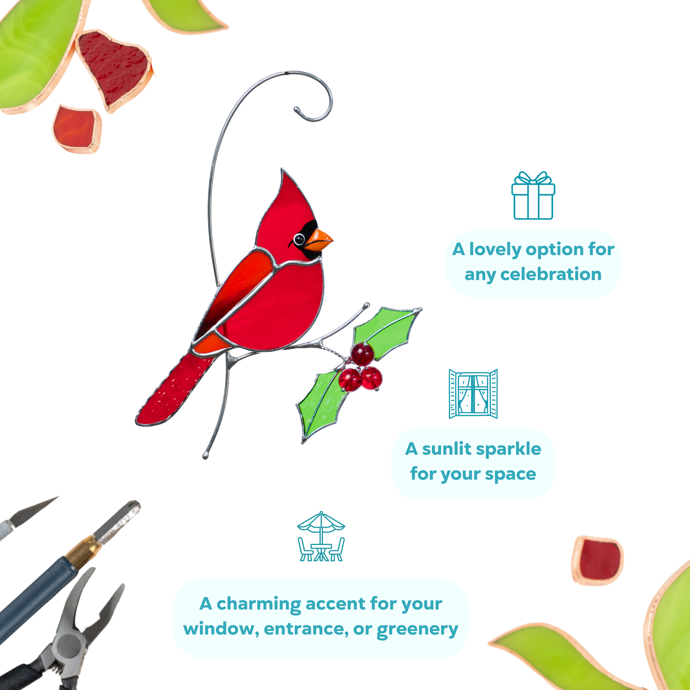 Infographic with stained glass cardinal, text mentions gift idea, sunlit sparkle, and charming accent.